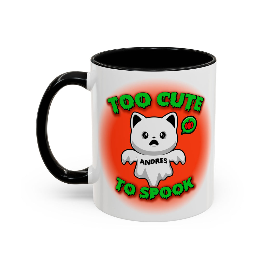 Halloween Accent Mug, Cute Ghost Cat, Too Cute To Spook, Custom Name Gift, Cat Lover Mug, Spooky Season Cup, Orange and White, Pink Handle,