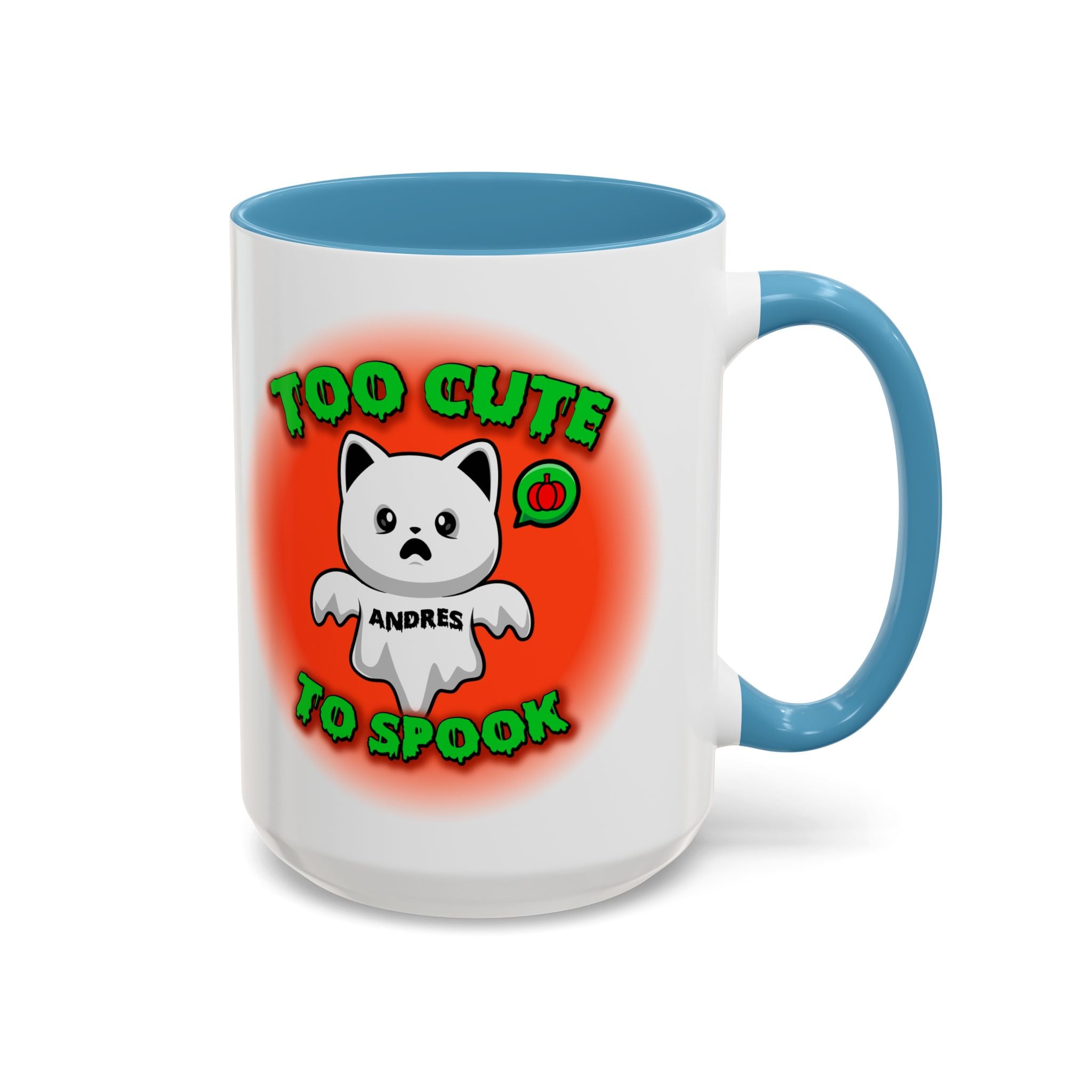 Halloween Accent Mug, Cute Ghost Cat, Too Cute To Spook, Custom Name Gift, Cat Lover Mug, Spooky Season Cup, Orange and White, Pink Handle,
