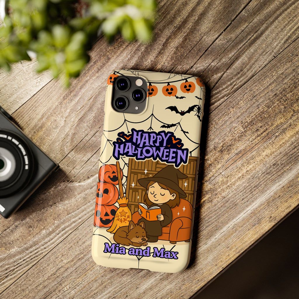 iPhone Case - Halloween Witch Reader with Pet, Personalized Fall Phone Cover, Book Lover Gift, Customizable Spooky Slim Case, Autumn Witchy