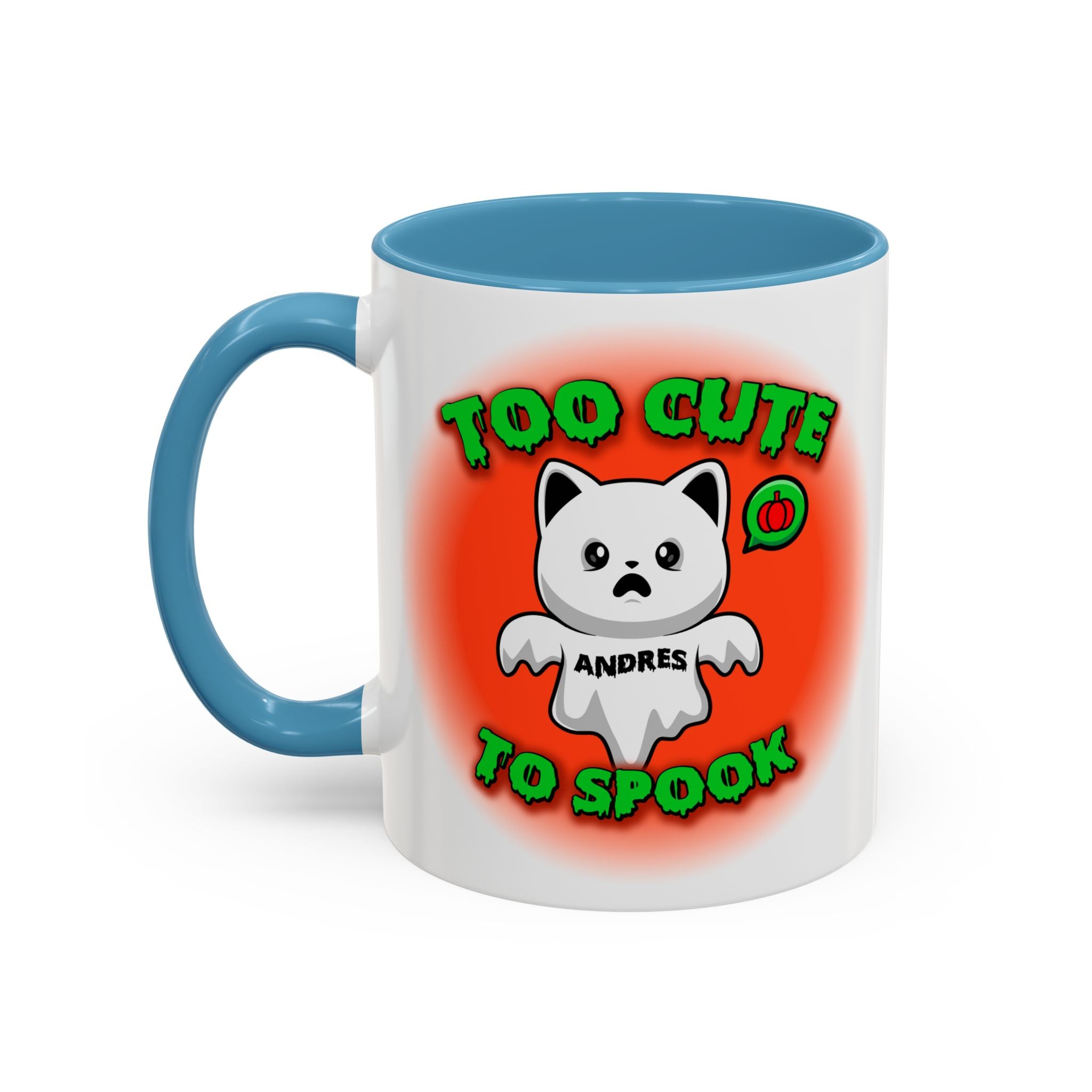 Halloween Accent Mug, Cute Ghost Cat, Too Cute To Spook, Custom Name Gift, Cat Lover Mug, Spooky Season Cup, Orange and White, Pink Handle,