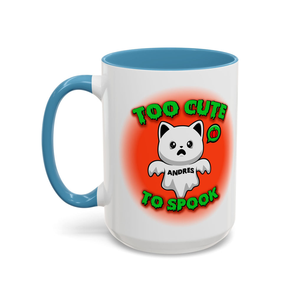 Halloween Accent Mug, Cute Ghost Cat, Too Cute To Spook, Custom Name Gift, Cat Lover Mug, Spooky Season Cup, Orange and White, Pink Handle,