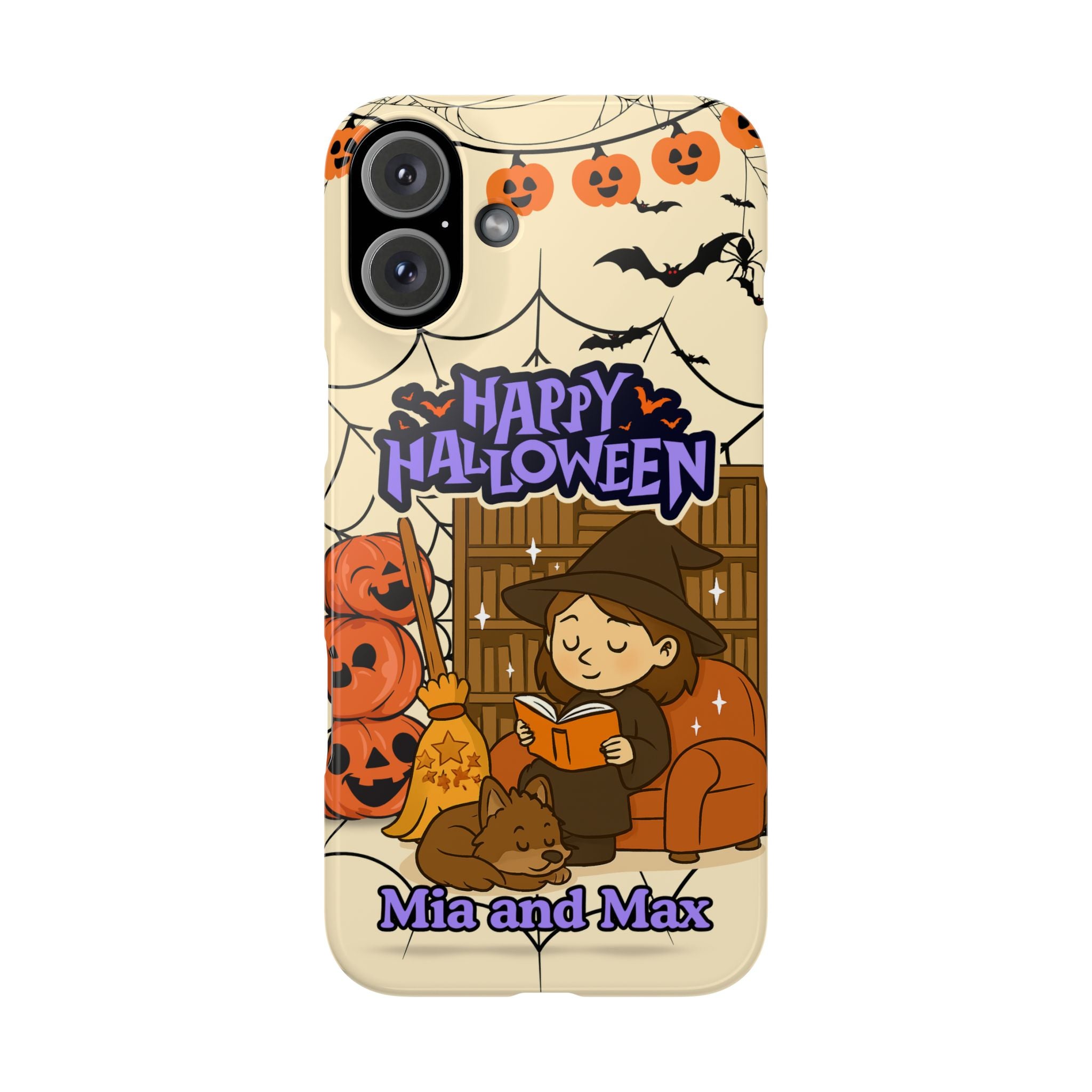 iPhone Case - Halloween Witch Reader with Pet, Personalized Fall Phone Cover, Book Lover Gift, Customizable Spooky Slim Case, Autumn Witchy