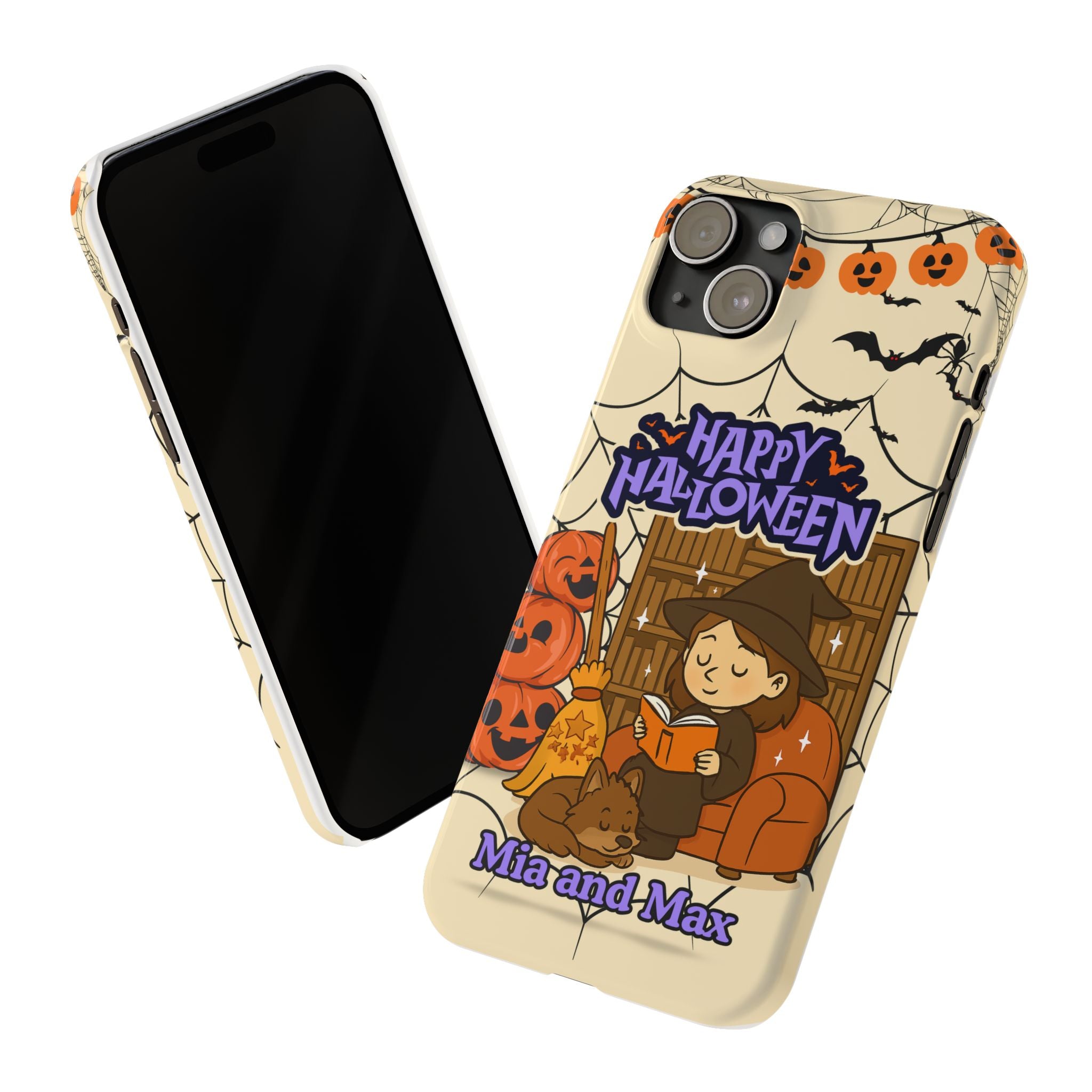 iPhone Case - Halloween Witch Reader with Pet, Personalized Fall Phone Cover, Book Lover Gift, Customizable Spooky Slim Case, Autumn Witchy