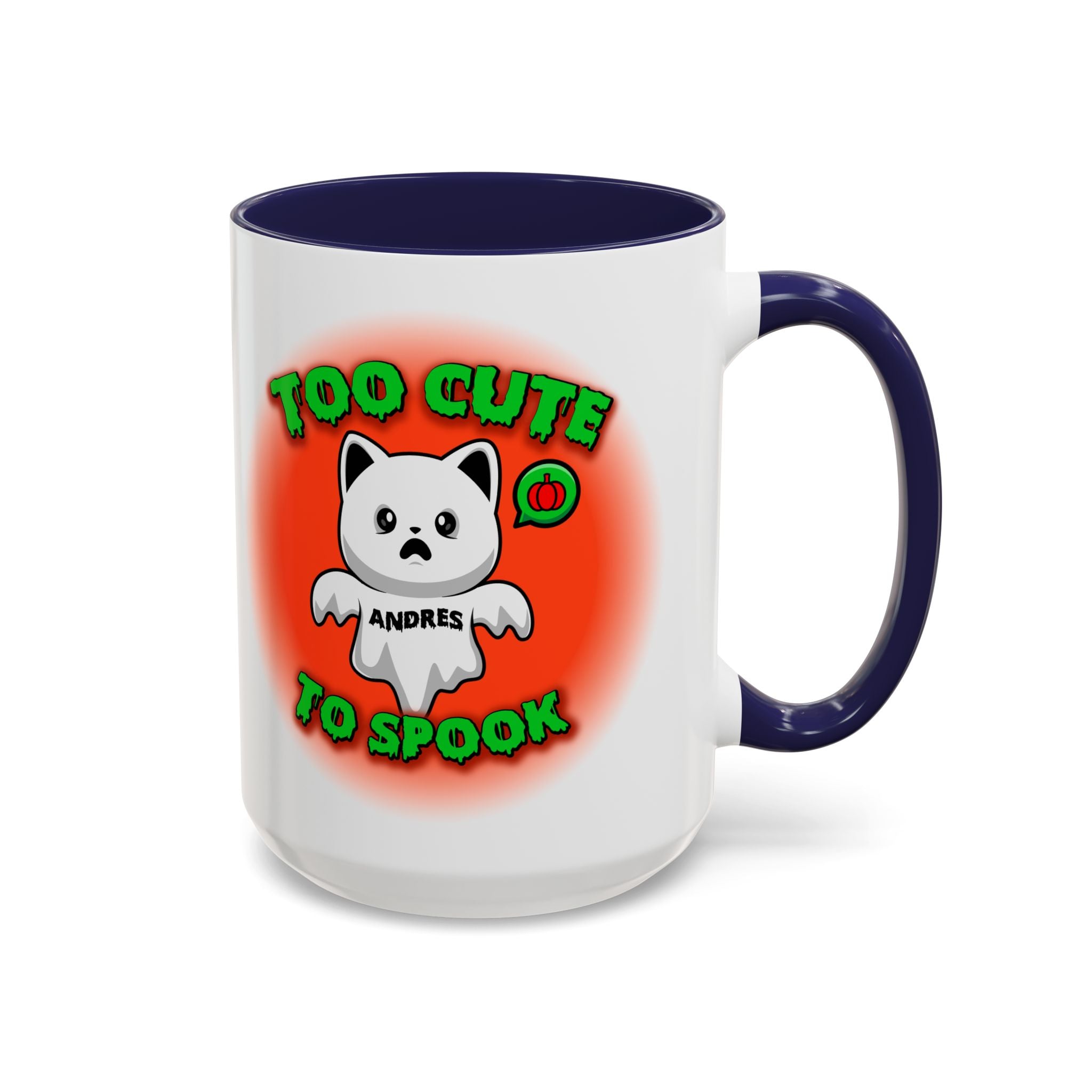 Halloween Accent Mug, Cute Ghost Cat, Too Cute To Spook, Custom Name Gift, Cat Lover Mug, Spooky Season Cup, Orange and White, Pink Handle,