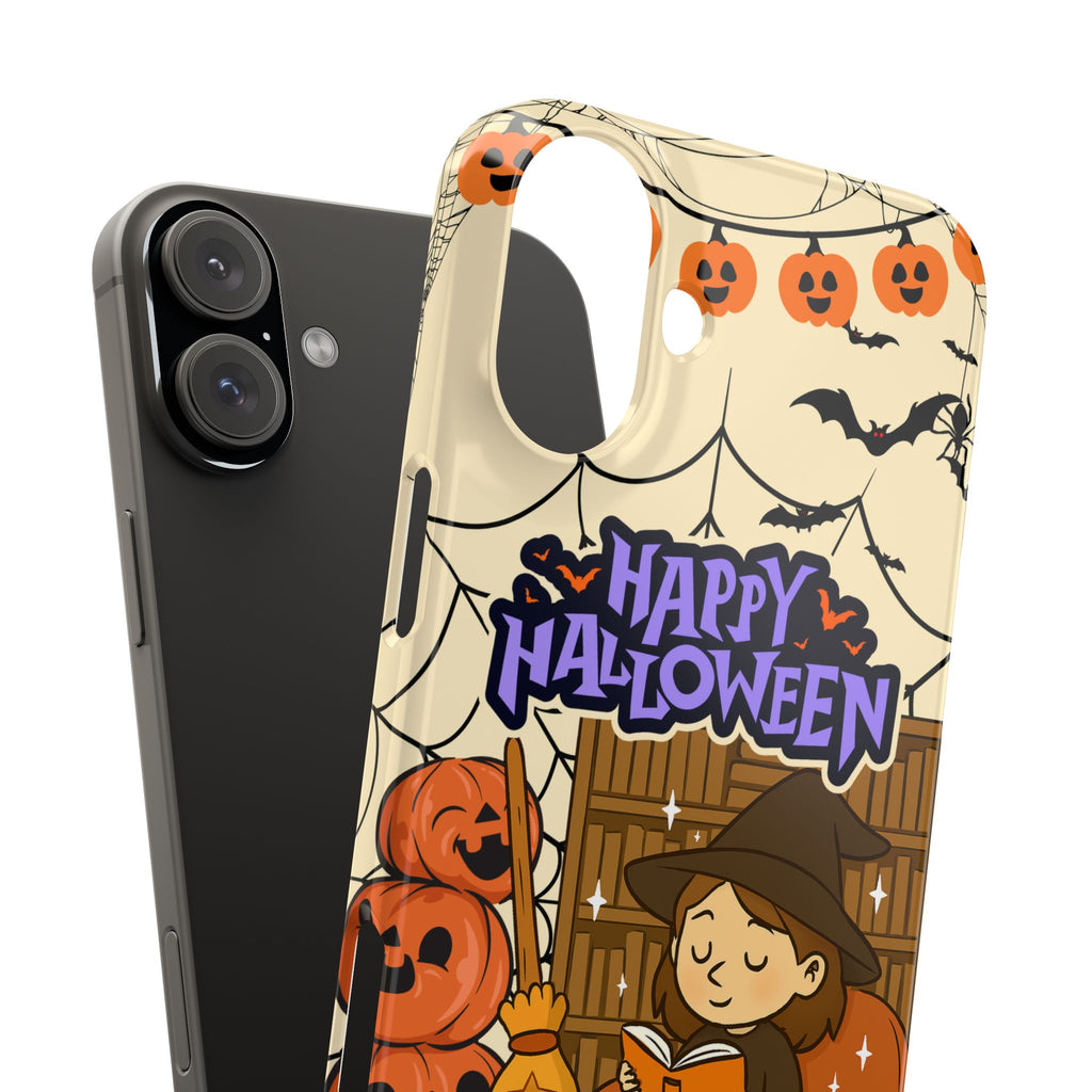 iPhone Case - Halloween Witch Reader with Pet, Personalized Fall Phone Cover, Book Lover Gift, Customizable Spooky Slim Case, Autumn Witchy