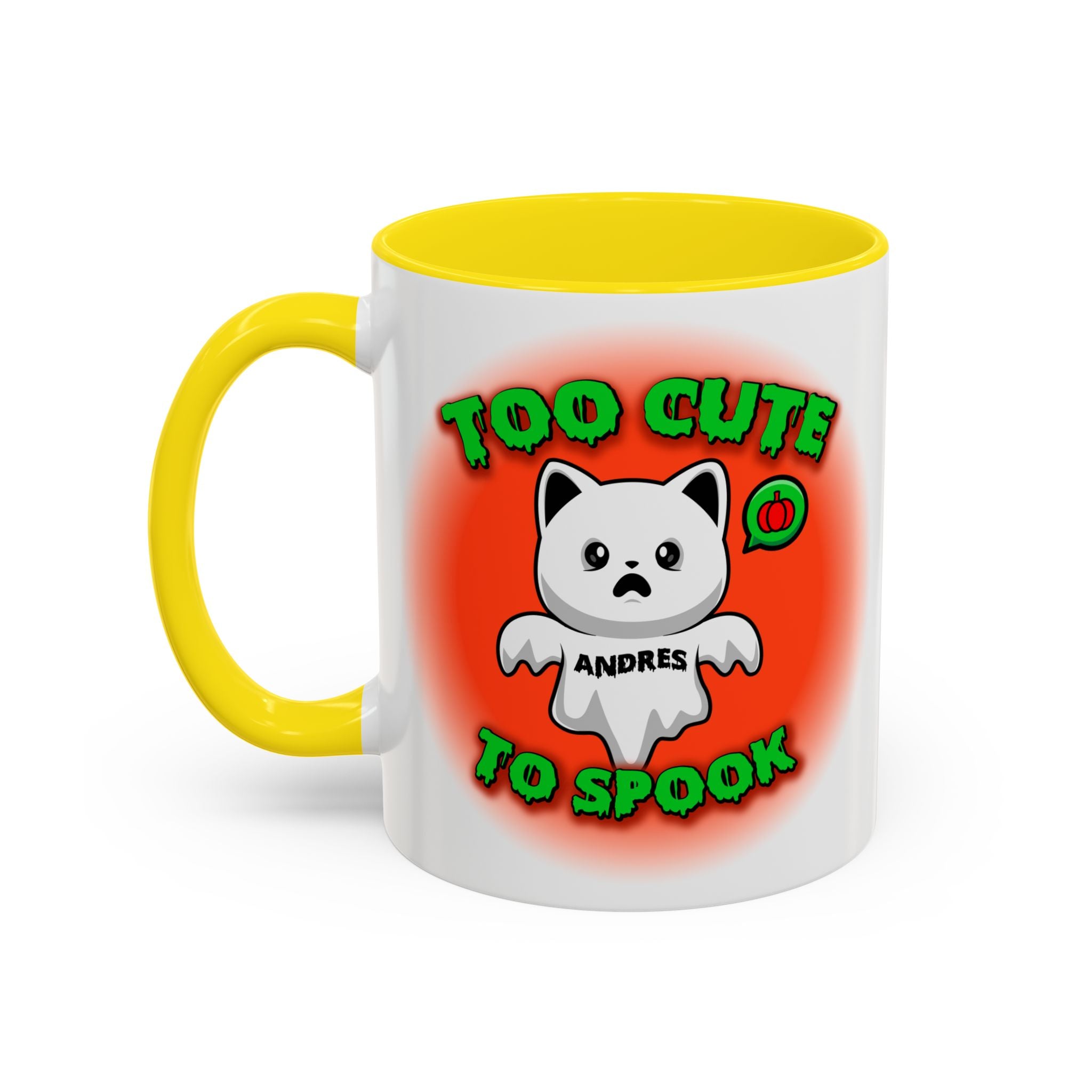 Halloween Accent Mug, Cute Ghost Cat, Too Cute To Spook, Custom Name Gift, Cat Lover Mug, Spooky Season Cup, Orange and White, Pink Handle,