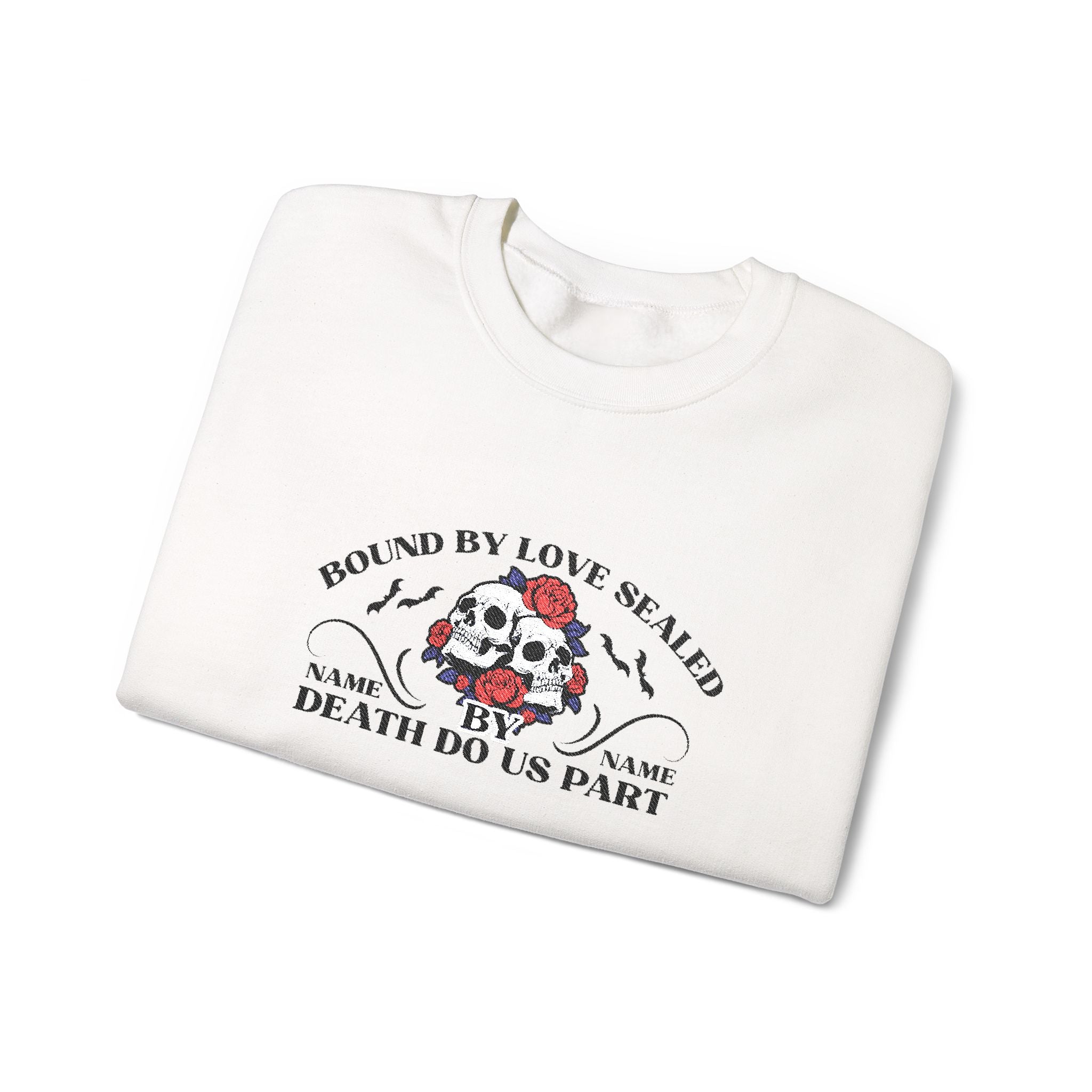 Embroidered Halloween Phrase Unisex Sweatshirt, Bound By Love Sealed By Death Customizable Halloween Sweatshirt, Couple's Names Sweatshirt,