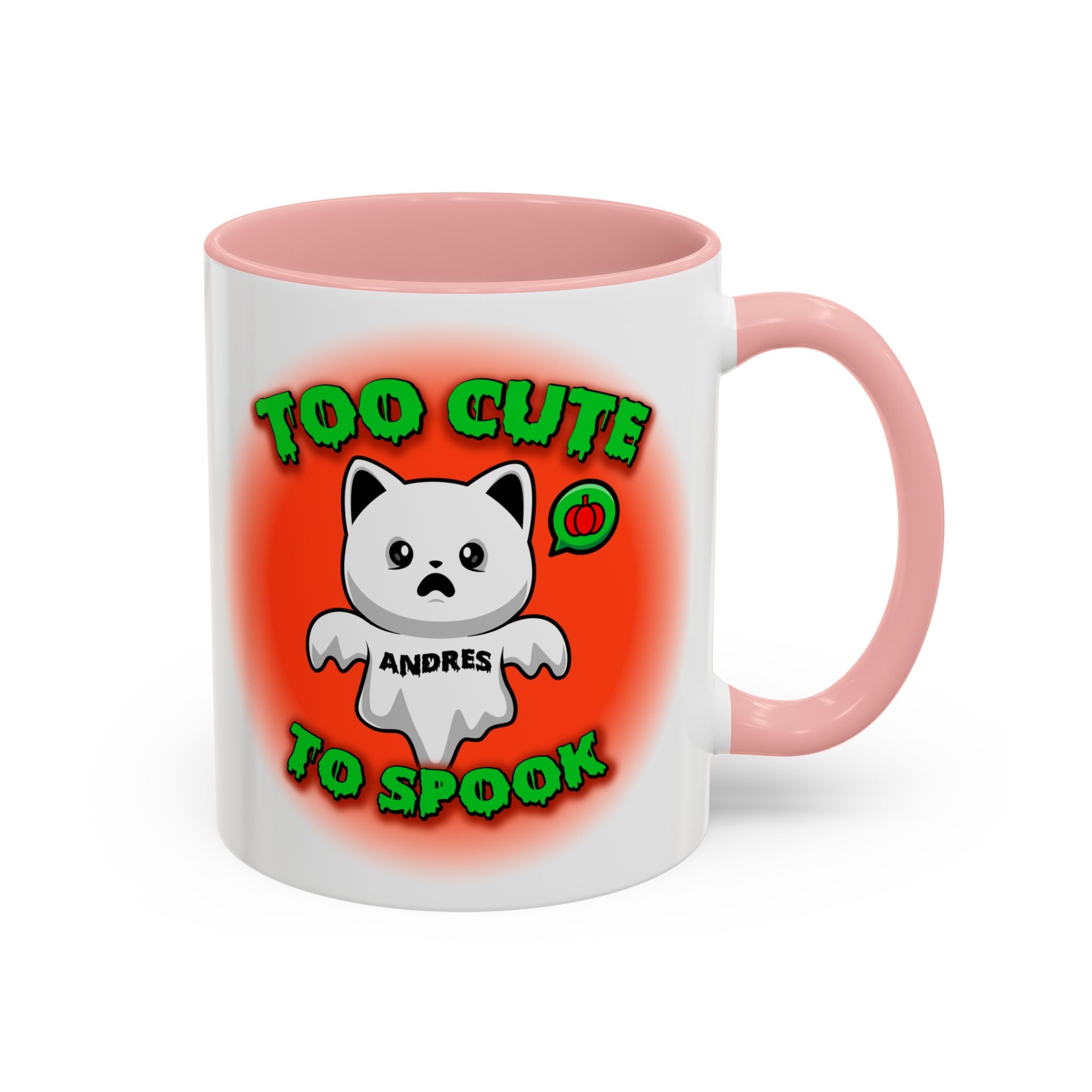 Halloween Accent Mug, Cute Ghost Cat, Too Cute To Spook, Custom Name Gift, Cat Lover Mug, Spooky Season Cup, Orange and White, Pink Handle,