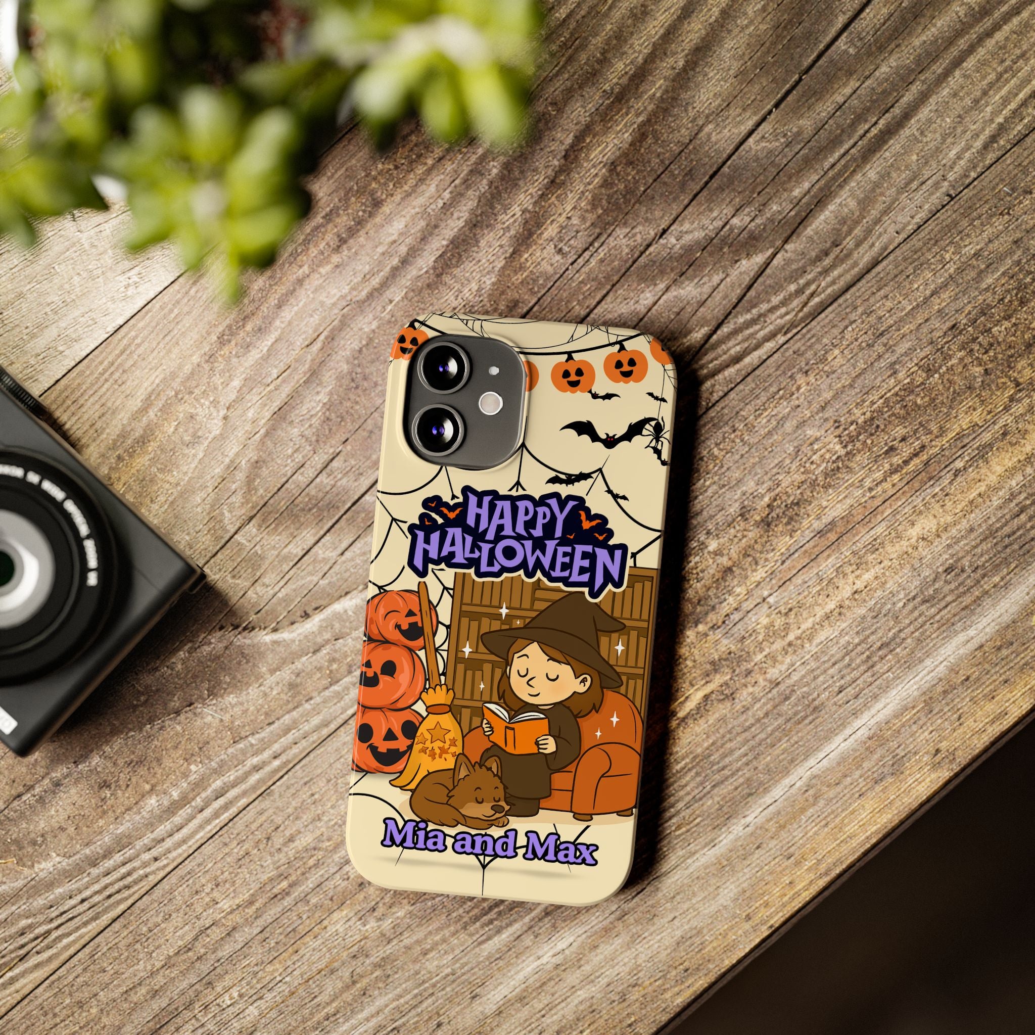 iPhone Case - Halloween Witch Reader with Pet, Personalized Fall Phone Cover, Book Lover Gift, Customizable Spooky Slim Case, Autumn Witchy