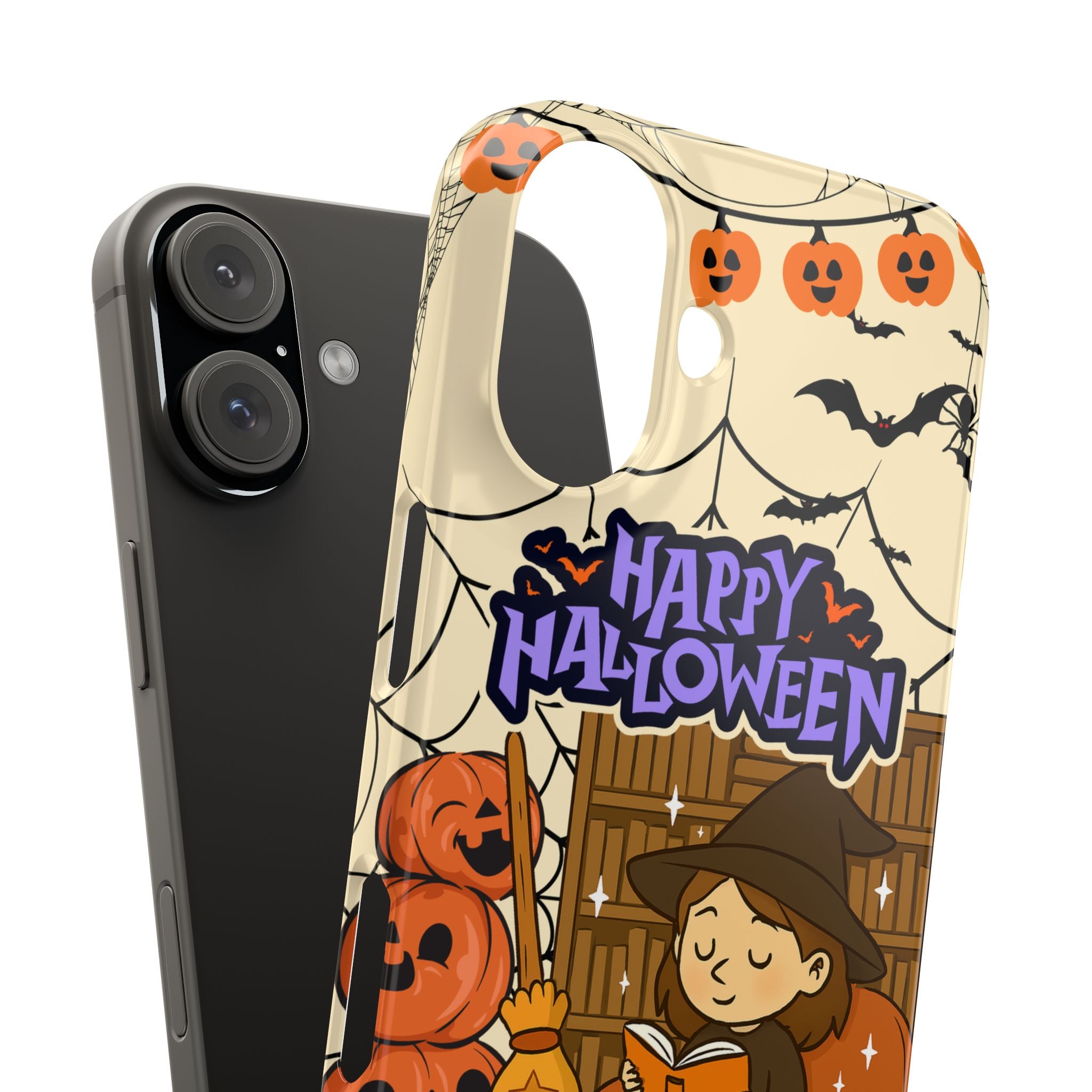 iPhone Case - Halloween Witch Reader with Pet, Personalized Fall Phone Cover, Book Lover Gift, Customizable Spooky Slim Case, Autumn Witchy