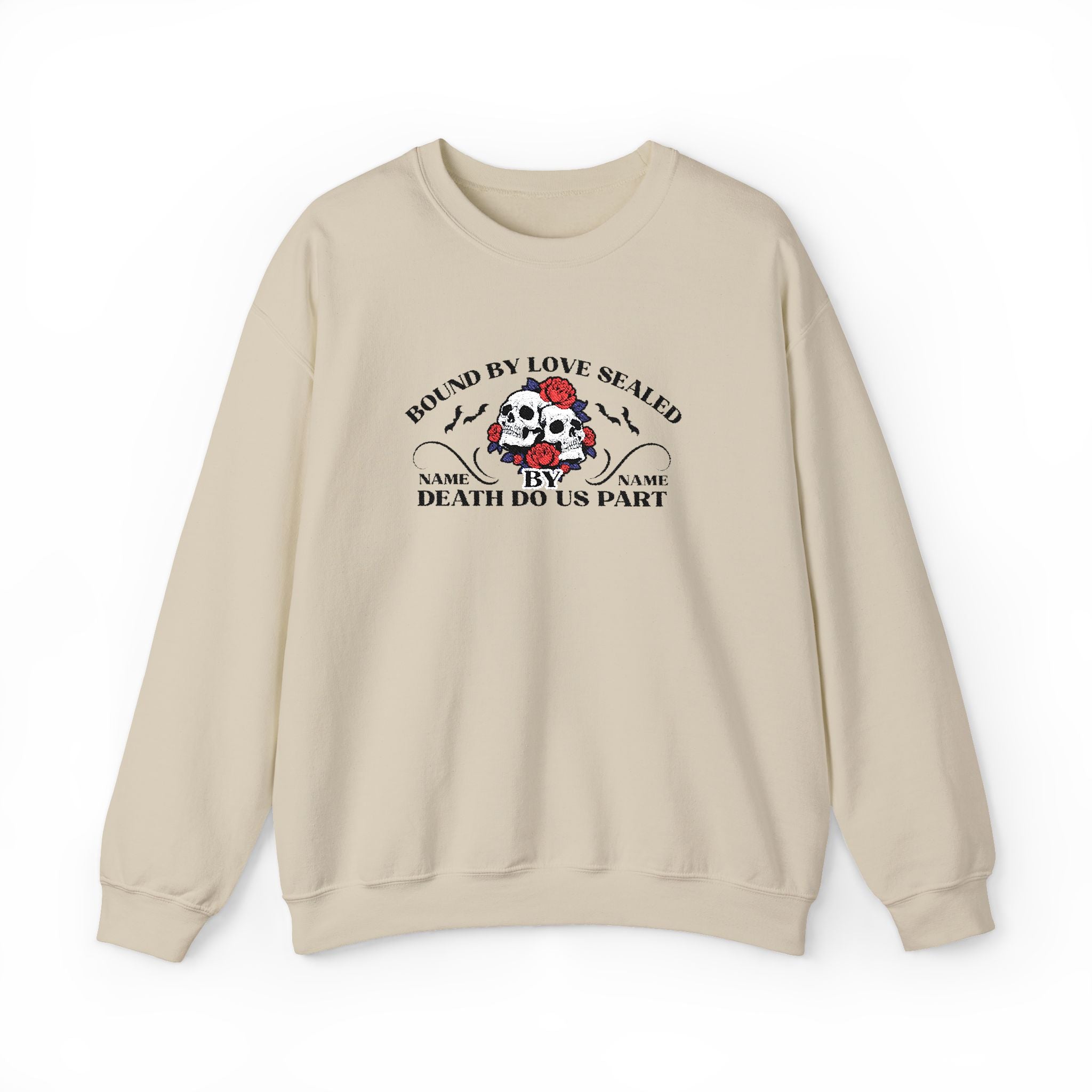Embroidered Halloween Phrase Unisex Sweatshirt, Bound By Love Sealed By Death Customizable Halloween Sweatshirt, Couple's Names Sweatshirt,