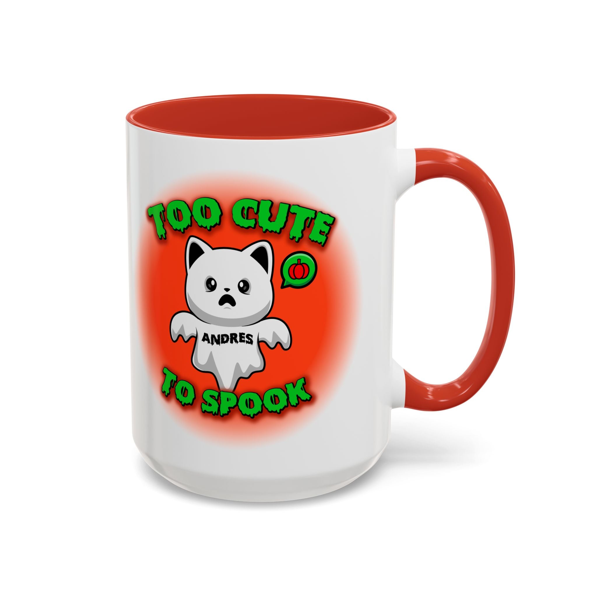 Halloween Accent Mug, Cute Ghost Cat, Too Cute To Spook, Custom Name Gift, Cat Lover Mug, Spooky Season Cup, Orange and White, Pink Handle,