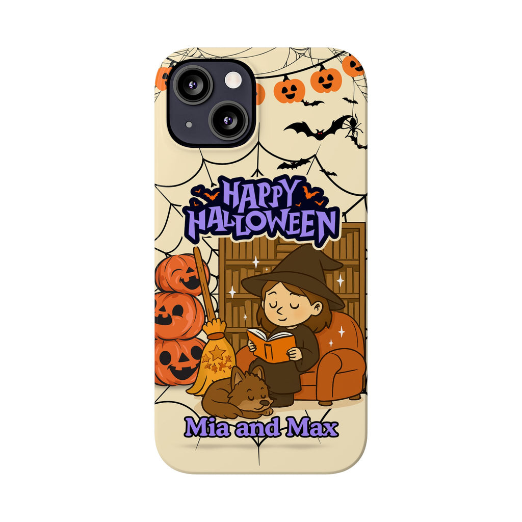 iPhone Case - Halloween Witch Reader with Pet, Personalized Fall Phone Cover, Book Lover Gift, Customizable Spooky Slim Case, Autumn Witchy