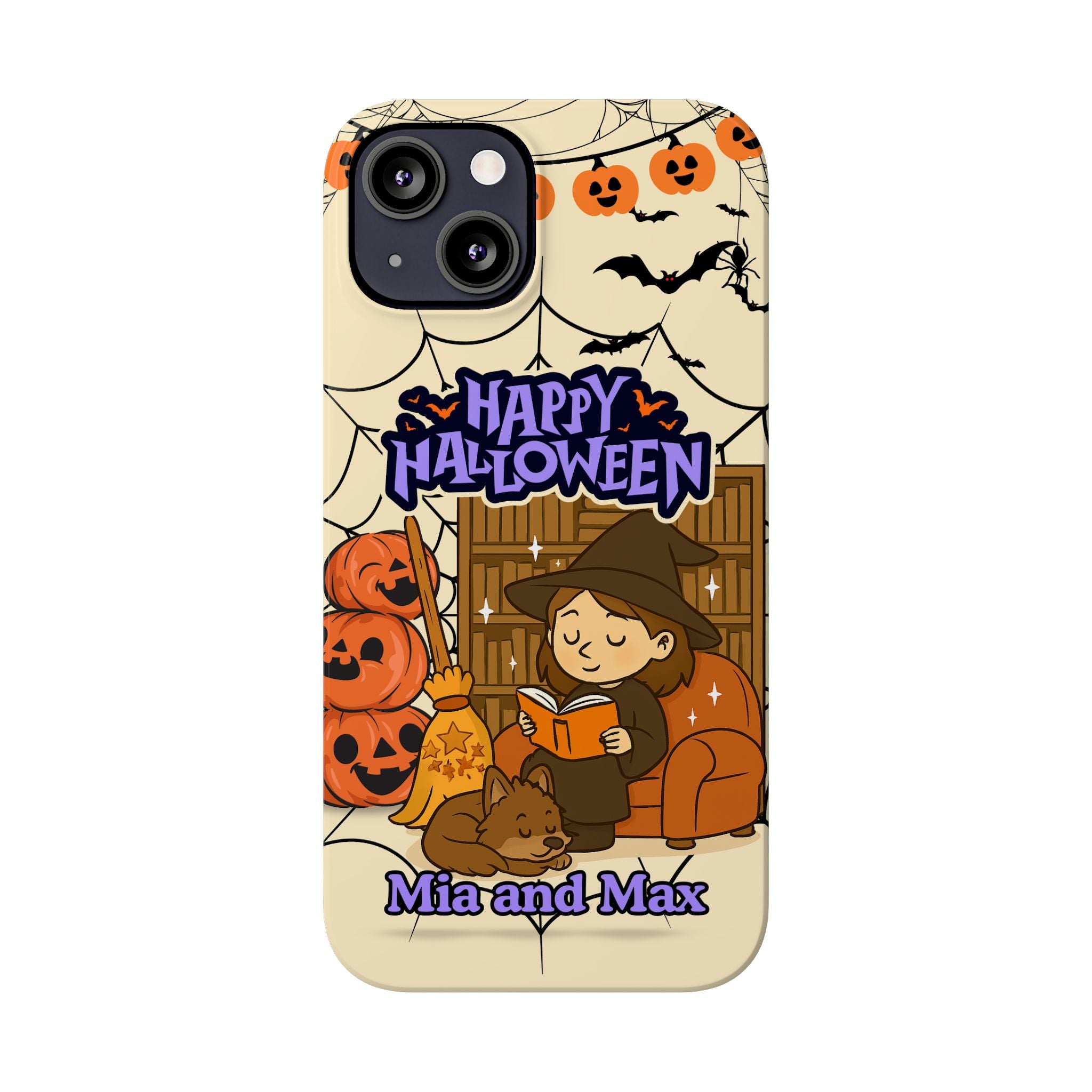 iPhone Case - Halloween Witch Reader with Pet, Personalized Fall Phone Cover, Book Lover Gift, Customizable Spooky Slim Case, Autumn Witchy