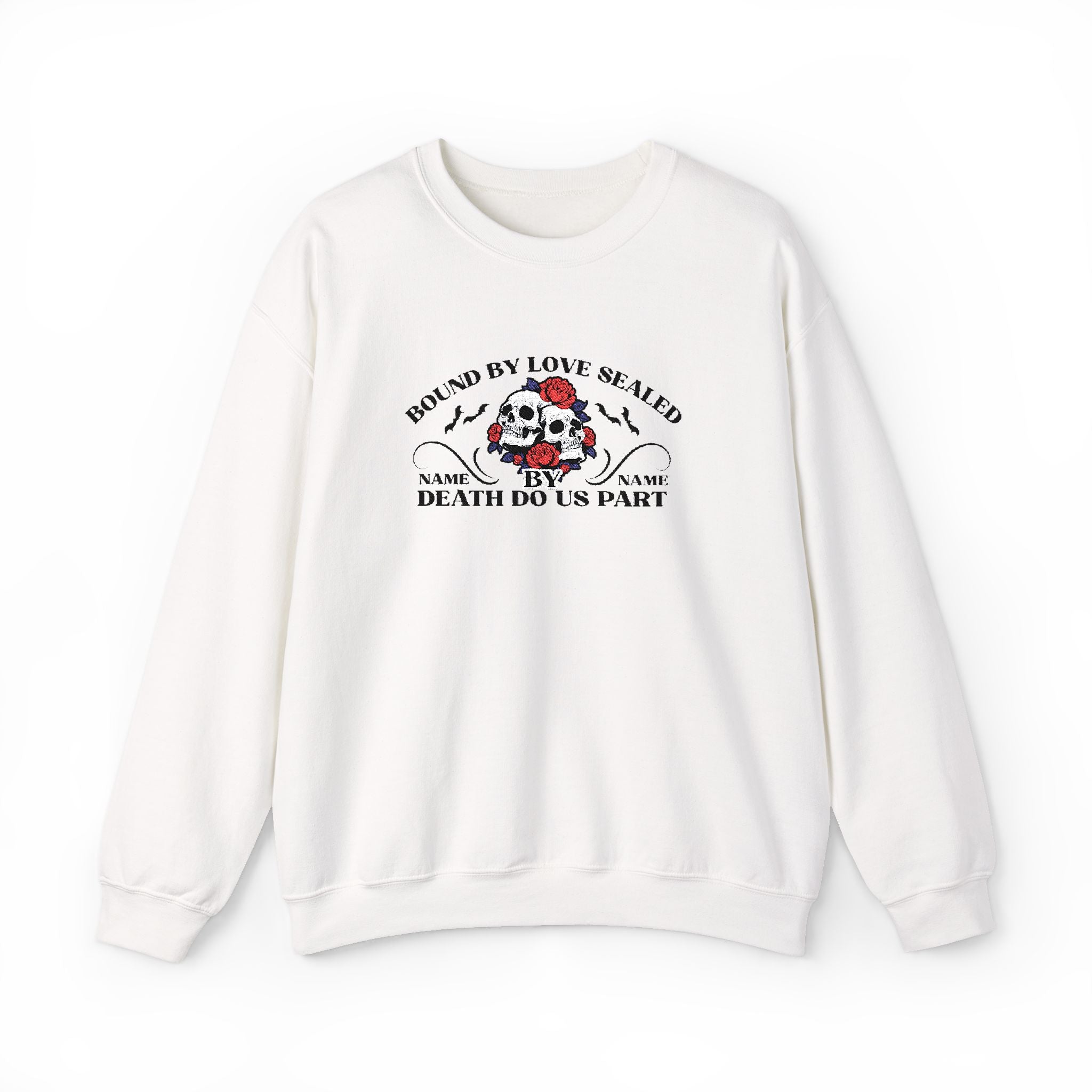 Embroidered Halloween Phrase Unisex Sweatshirt, Bound By Love Sealed By Death Customizable Halloween Sweatshirt, Couple's Names Sweatshirt,