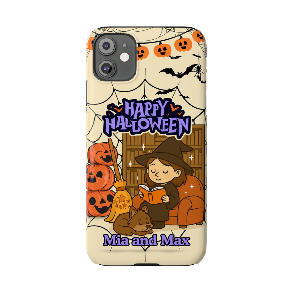 iPhone Case - Halloween Witch Reader with Pet, Personalized Fall Phone Cover, Book Lover Gift, Customizable Spooky Slim Case, Autumn Witchy