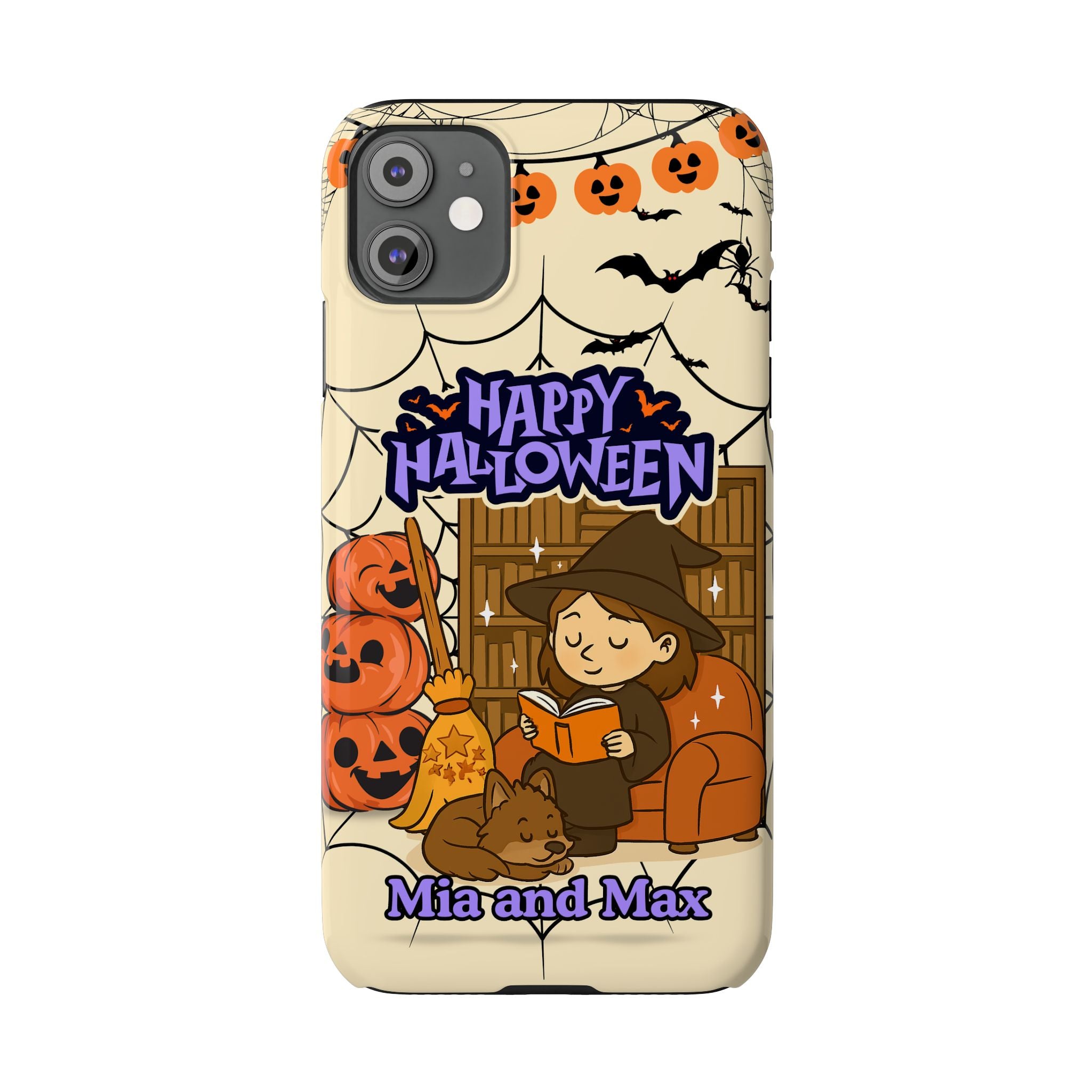 iPhone Case - Halloween Witch Reader with Pet, Personalized Fall Phone Cover, Book Lover Gift, Customizable Spooky Slim Case, Autumn Witchy