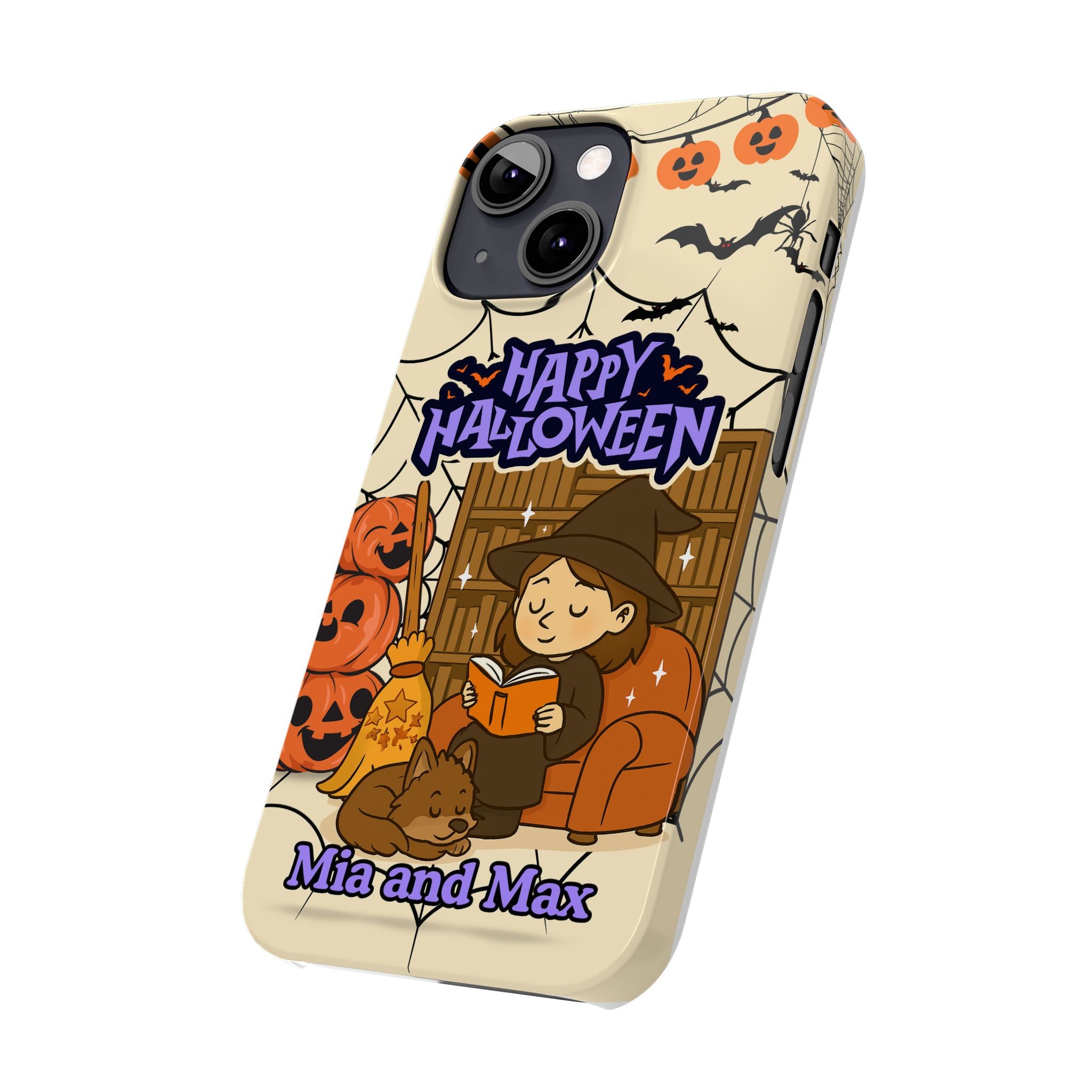 iPhone Case - Halloween Witch Reader with Pet, Personalized Fall Phone Cover, Book Lover Gift, Customizable Spooky Slim Case, Autumn Witchy