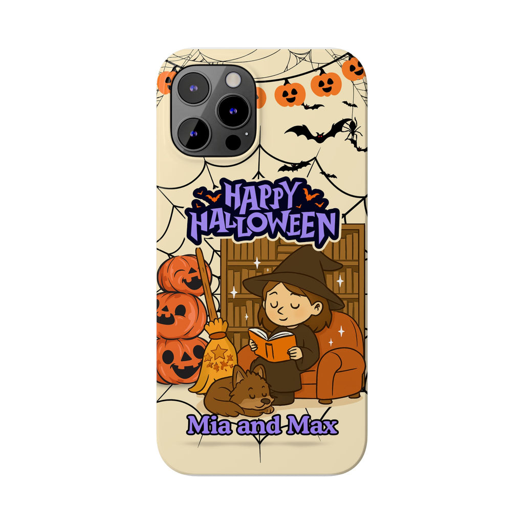 iPhone Case - Halloween Witch Reader with Pet, Personalized Fall Phone Cover, Book Lover Gift, Customizable Spooky Slim Case, Autumn Witchy