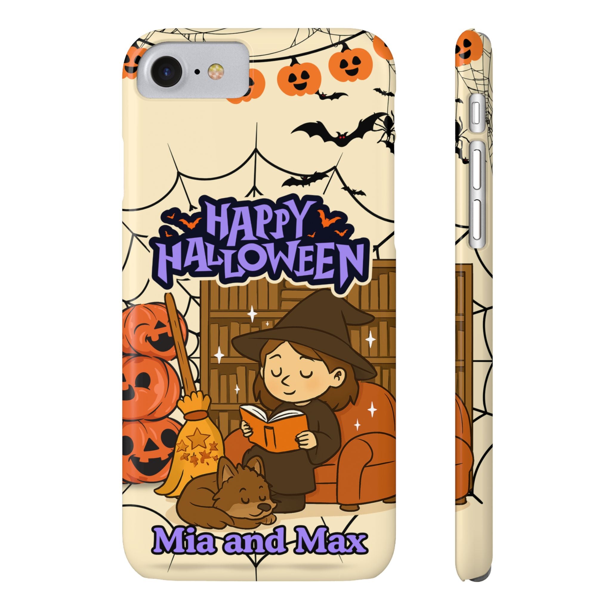 iPhone Case - Halloween Witch Reader with Pet, Personalized Fall Phone Cover, Book Lover Gift, Customizable Spooky Slim Case, Autumn Witchy