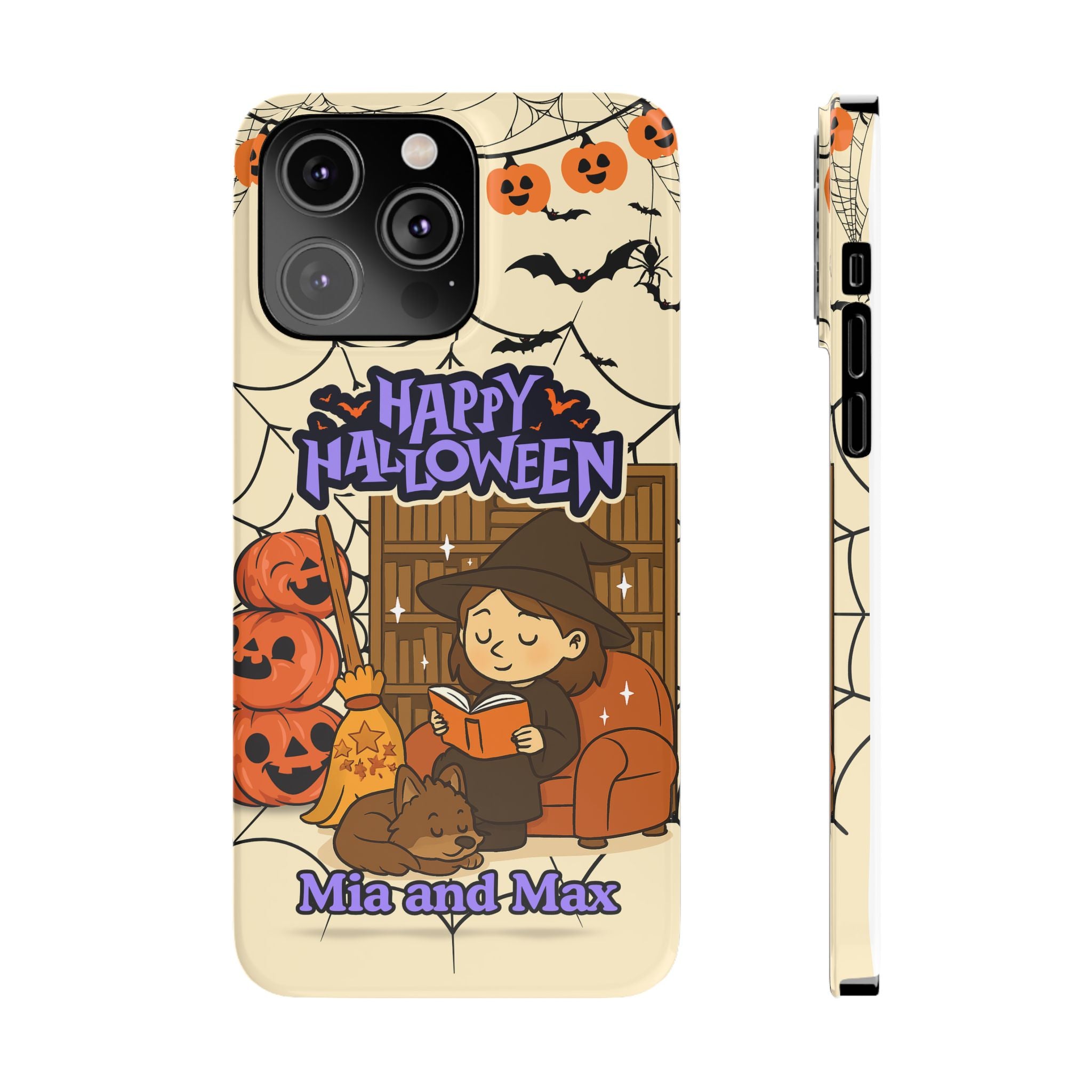 iPhone Case - Halloween Witch Reader with Pet, Personalized Fall Phone Cover, Book Lover Gift, Customizable Spooky Slim Case, Autumn Witchy
