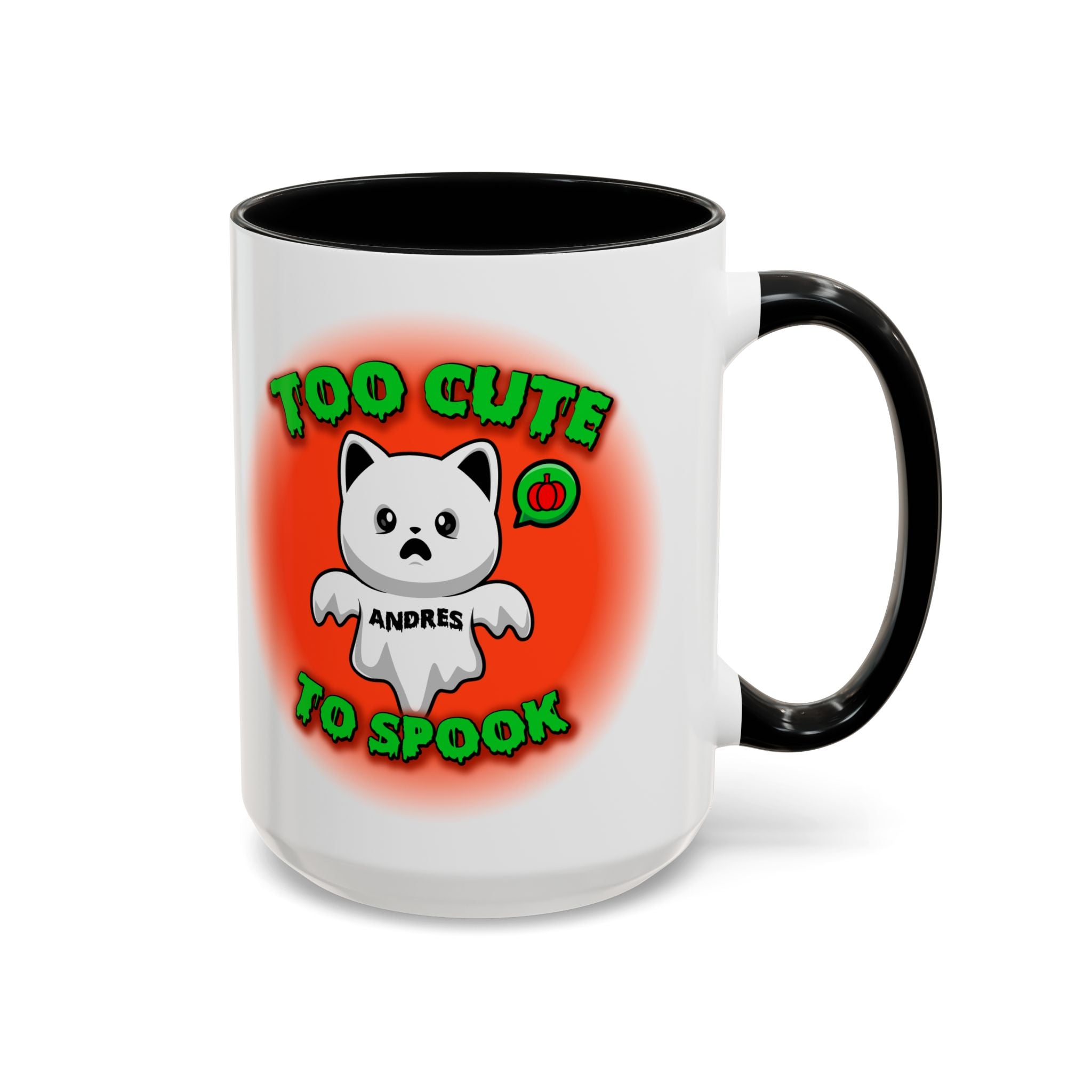 Halloween Accent Mug, Cute Ghost Cat, Too Cute To Spook, Custom Name Gift, Cat Lover Mug, Spooky Season Cup, Orange and White, Pink Handle,