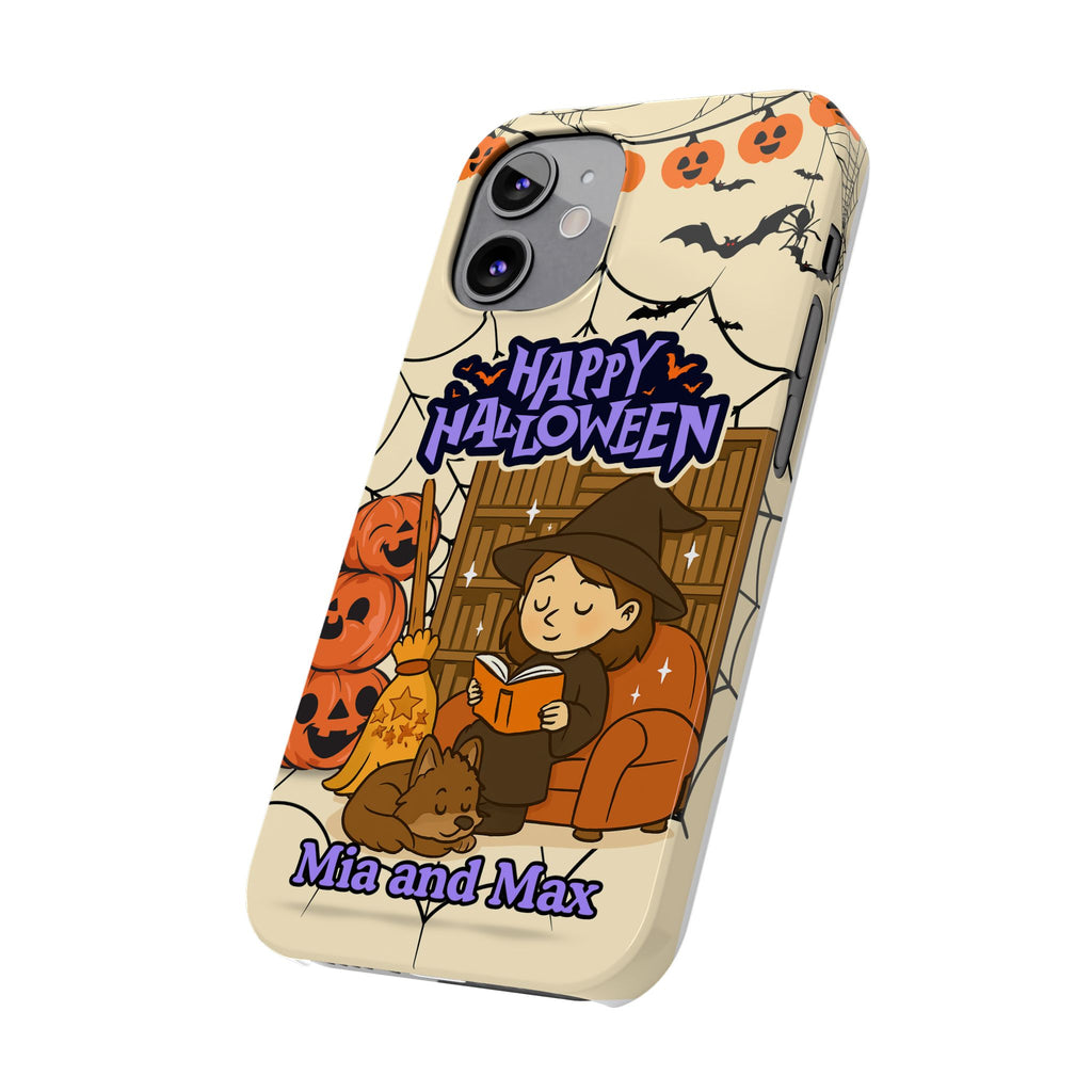 iPhone Case - Halloween Witch Reader with Pet, Personalized Fall Phone Cover, Book Lover Gift, Customizable Spooky Slim Case, Autumn Witchy