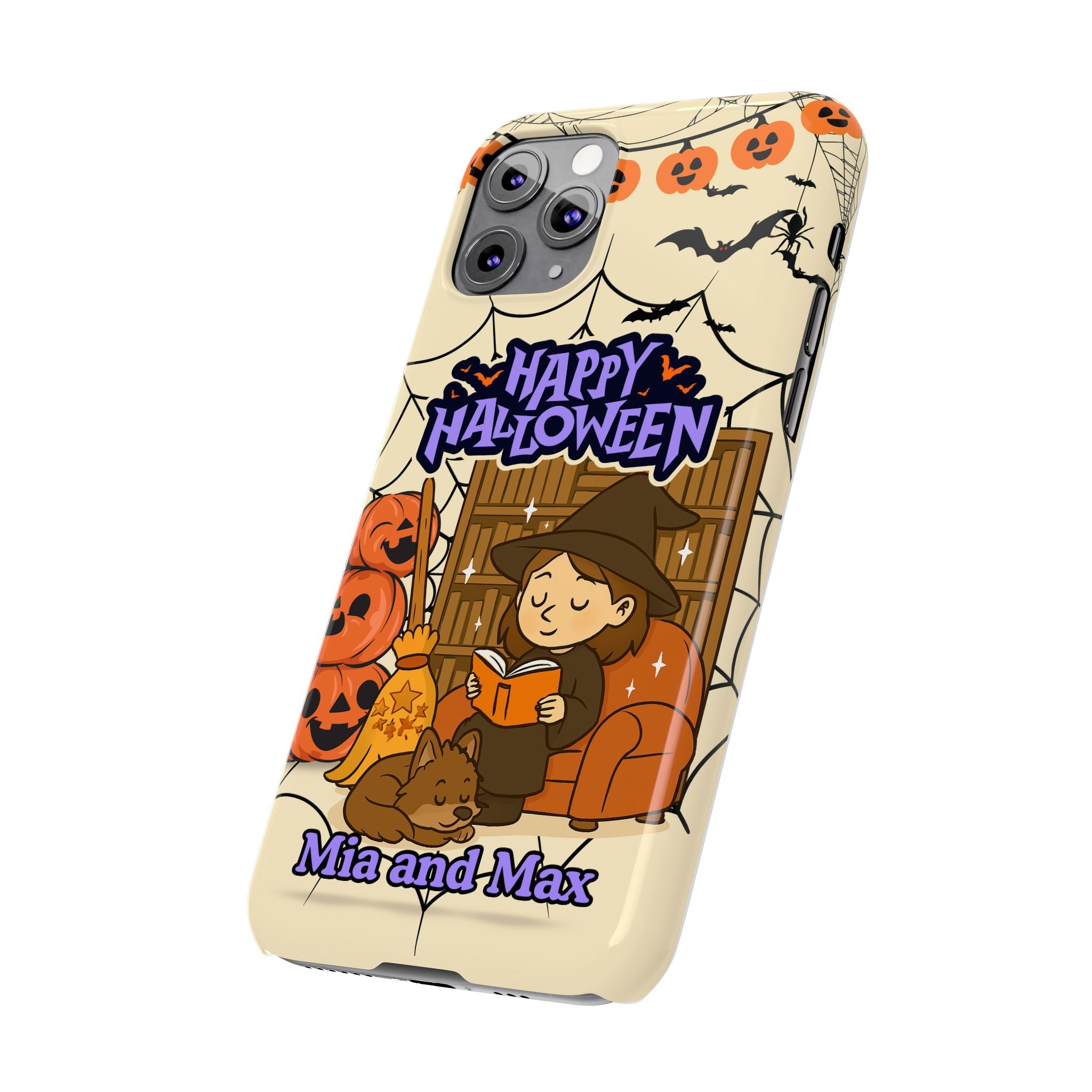 iPhone Case - Halloween Witch Reader with Pet, Personalized Fall Phone Cover, Book Lover Gift, Customizable Spooky Slim Case, Autumn Witchy
