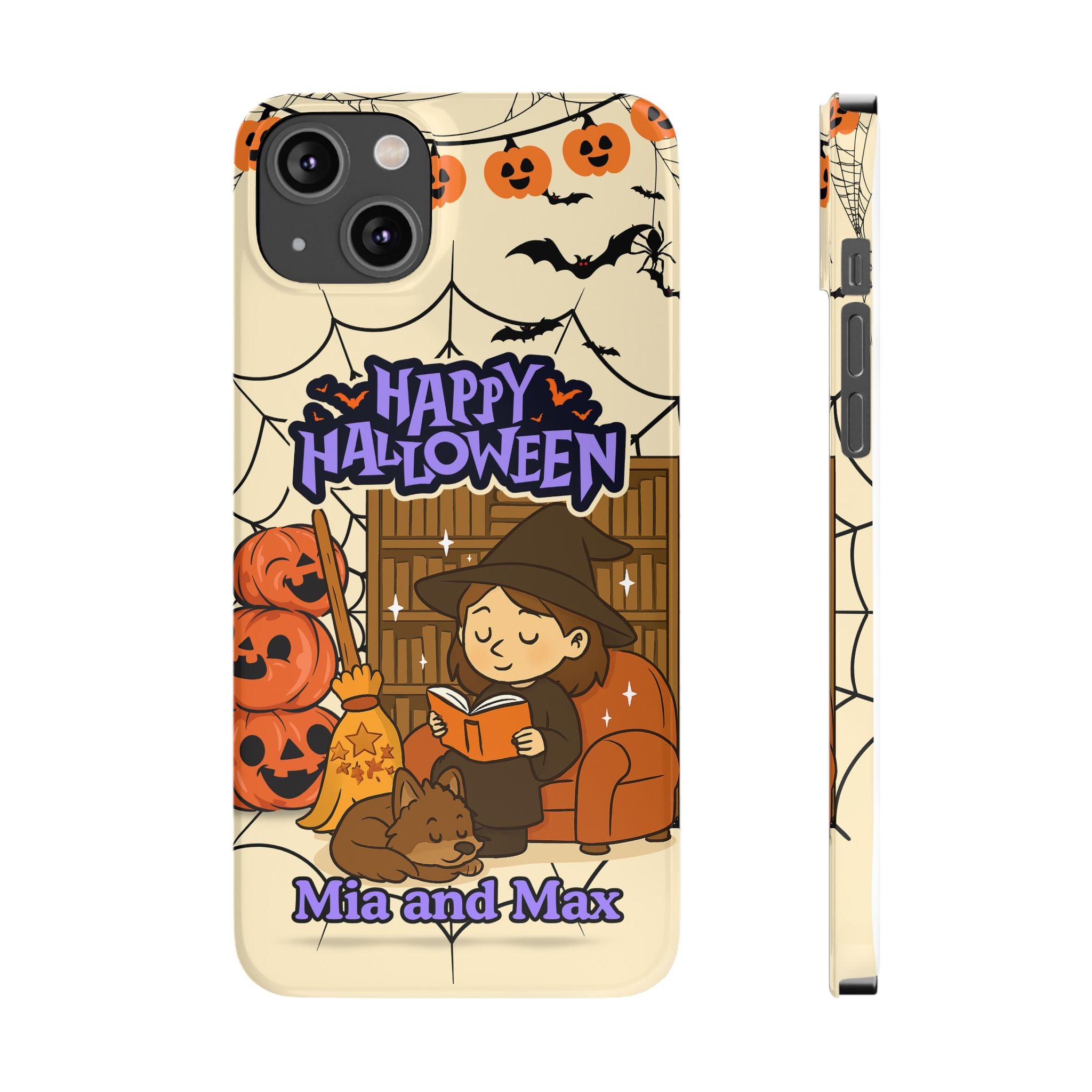 iPhone Case - Halloween Witch Reader with Pet, Personalized Fall Phone Cover, Book Lover Gift, Customizable Spooky Slim Case, Autumn Witchy