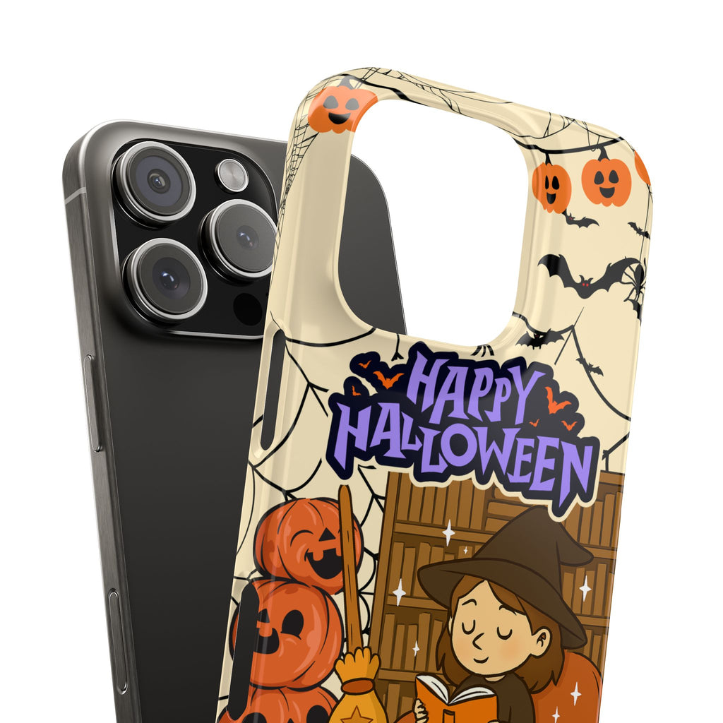 iPhone Case - Halloween Witch Reader with Pet, Personalized Fall Phone Cover, Book Lover Gift, Customizable Spooky Slim Case, Autumn Witchy