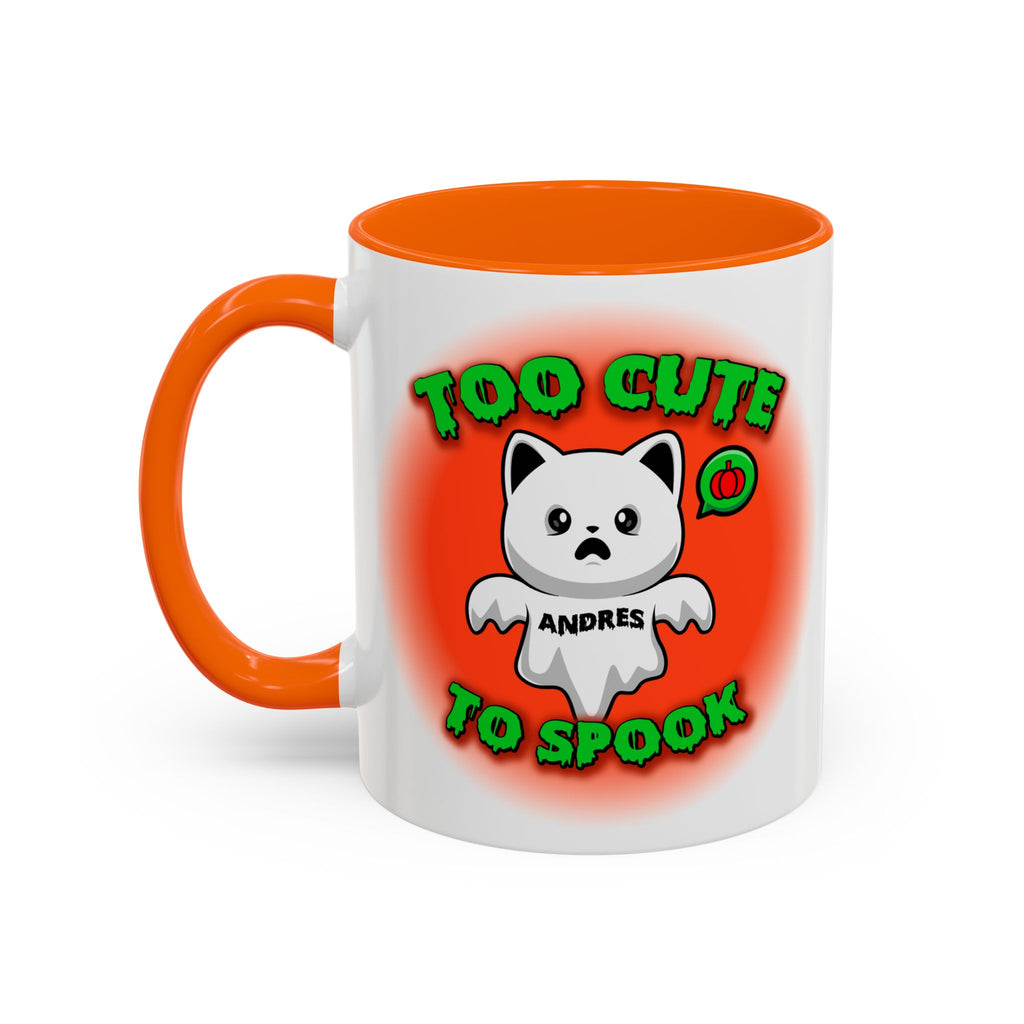 Halloween Accent Mug, Cute Ghost Cat, Too Cute To Spook, Custom Name Gift, Cat Lover Mug, Spooky Season Cup, Orange and White, Pink Handle,