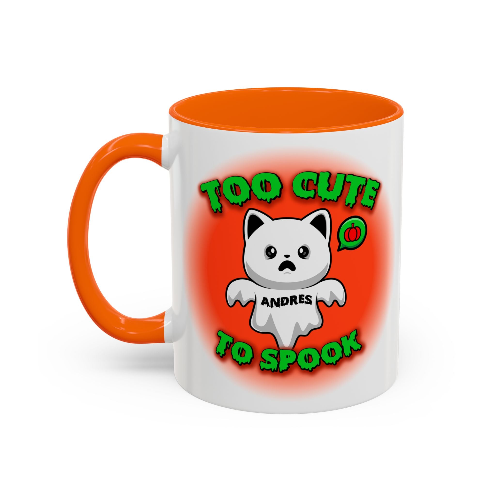 Halloween Accent Mug, Cute Ghost Cat, Too Cute To Spook, Custom Name Gift, Cat Lover Mug, Spooky Season Cup, Orange and White, Pink Handle,
