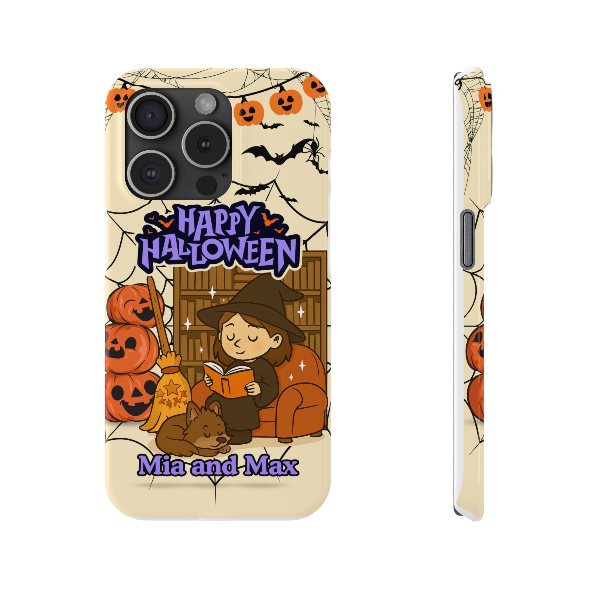iPhone Case - Halloween Witch Reader with Pet, Personalized Fall Phone Cover, Book Lover Gift, Customizable Spooky Slim Case, Autumn Witchy