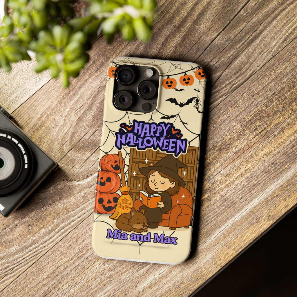 iPhone Case - Halloween Witch Reader with Pet, Personalized Fall Phone Cover, Book Lover Gift, Customizable Spooky Slim Case, Autumn Witchy