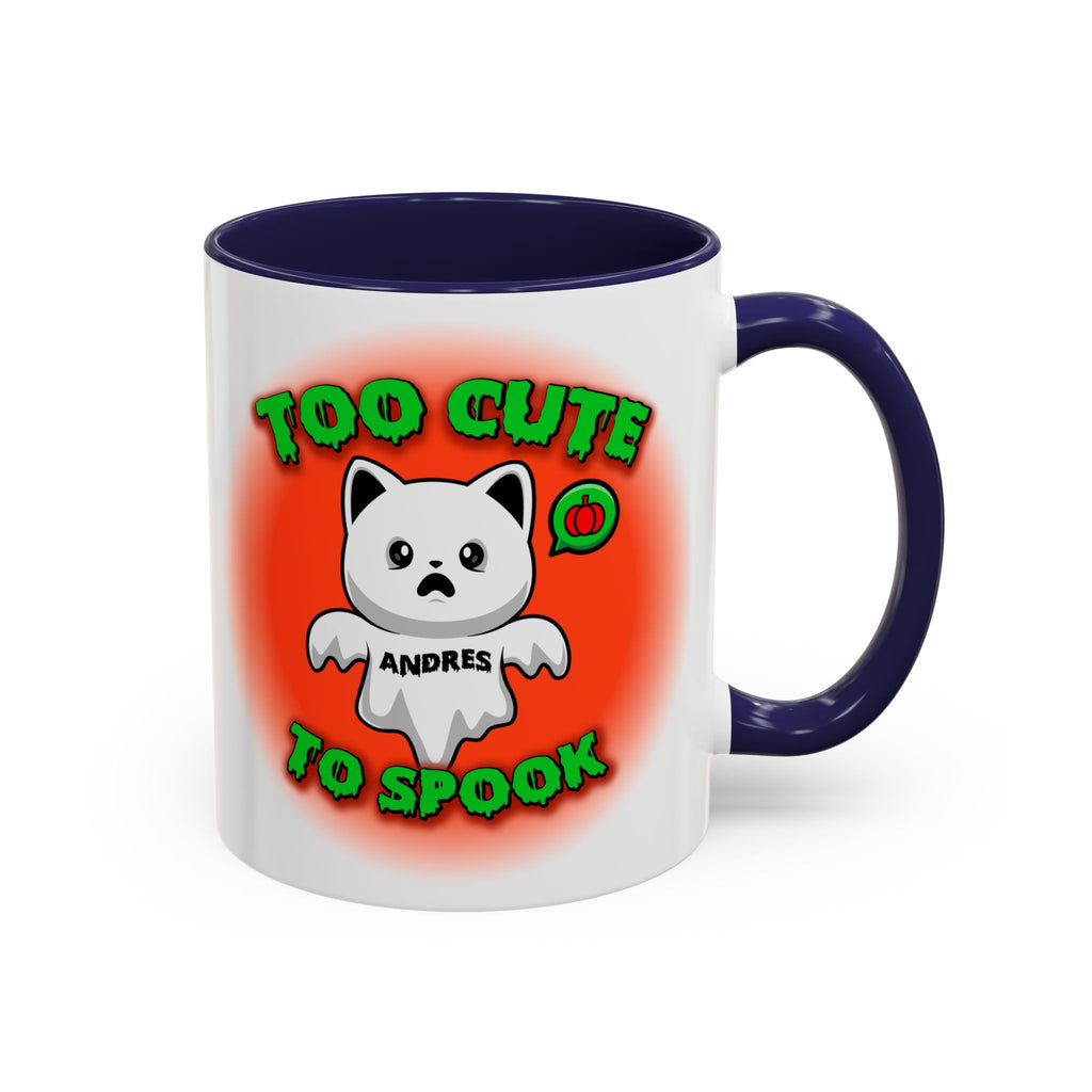 Halloween Accent Mug, Cute Ghost Cat, Too Cute To Spook, Custom Name Gift, Cat Lover Mug, Spooky Season Cup, Orange and White, Pink Handle,