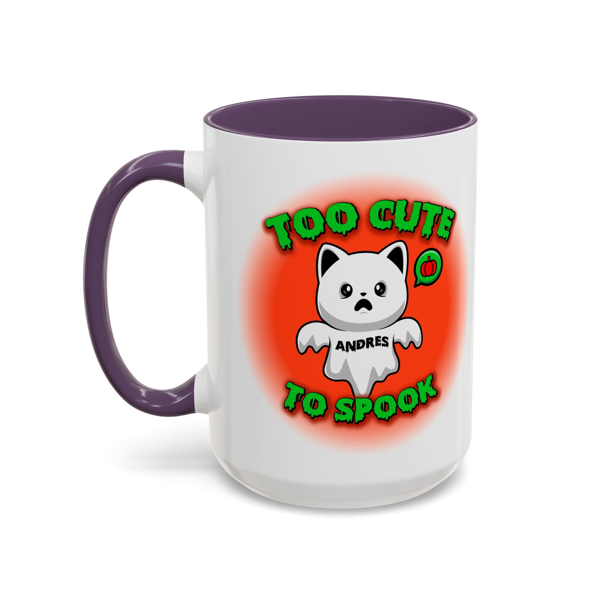 Halloween Accent Mug, Cute Ghost Cat, Too Cute To Spook, Custom Name Gift, Cat Lover Mug, Spooky Season Cup, Orange and White, Pink Handle,