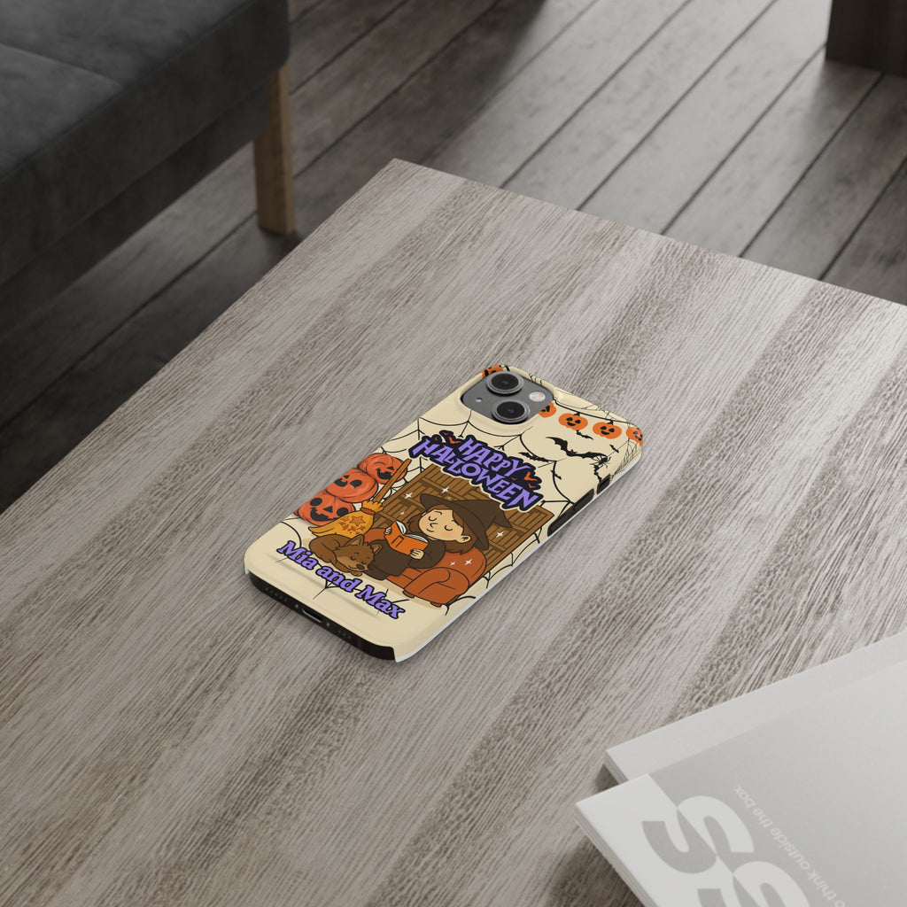 iPhone Case - Halloween Witch Reader with Pet, Personalized Fall Phone Cover, Book Lover Gift, Customizable Spooky Slim Case, Autumn Witchy