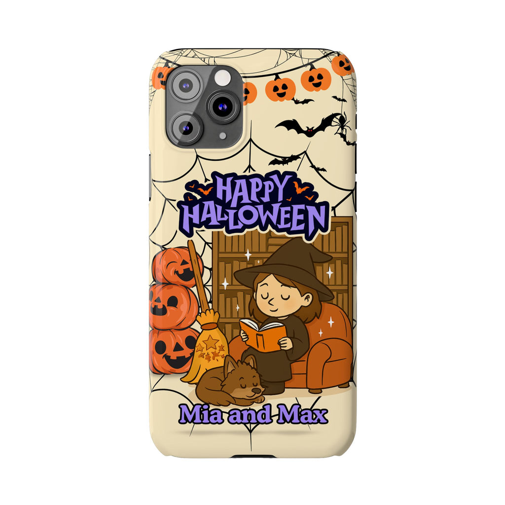 iPhone Case - Halloween Witch Reader with Pet, Personalized Fall Phone Cover, Book Lover Gift, Customizable Spooky Slim Case, Autumn Witchy