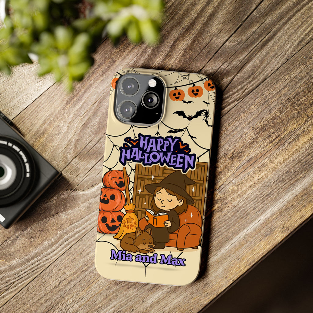iPhone Case - Halloween Witch Reader with Pet, Personalized Fall Phone Cover, Book Lover Gift, Customizable Spooky Slim Case, Autumn Witchy