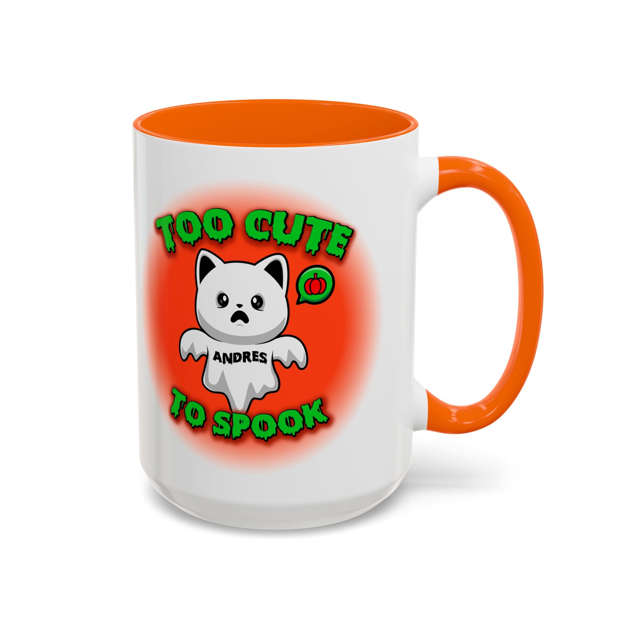 Halloween Accent Mug, Cute Ghost Cat, Too Cute To Spook, Custom Name Gift, Cat Lover Mug, Spooky Season Cup, Orange and White, Pink Handle,