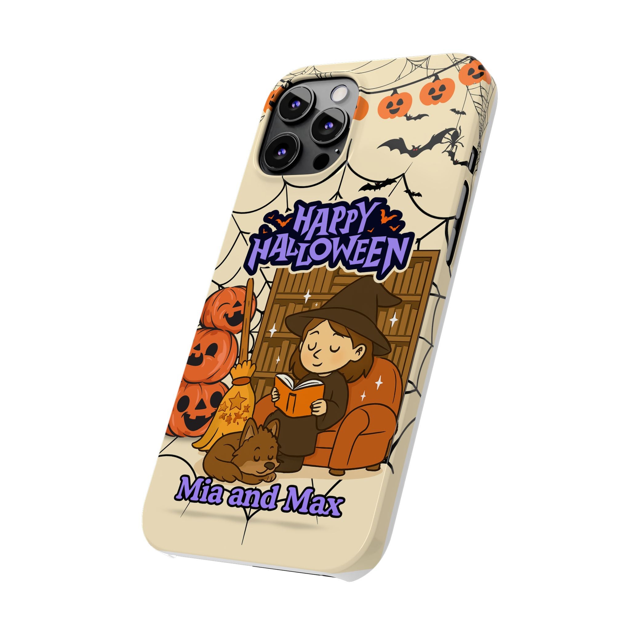iPhone Case - Halloween Witch Reader with Pet, Personalized Fall Phone Cover, Book Lover Gift, Customizable Spooky Slim Case, Autumn Witchy