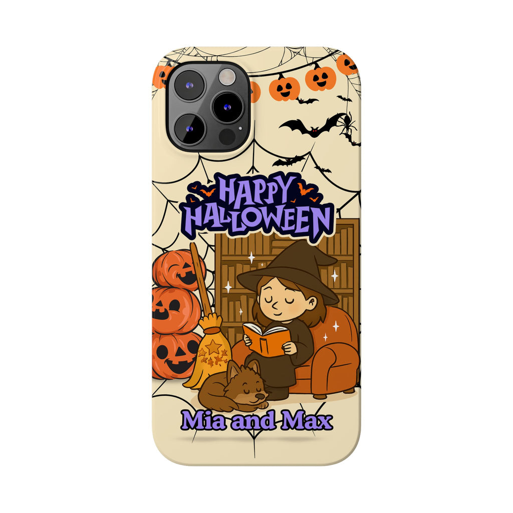 iPhone Case - Halloween Witch Reader with Pet, Personalized Fall Phone Cover, Book Lover Gift, Customizable Spooky Slim Case, Autumn Witchy