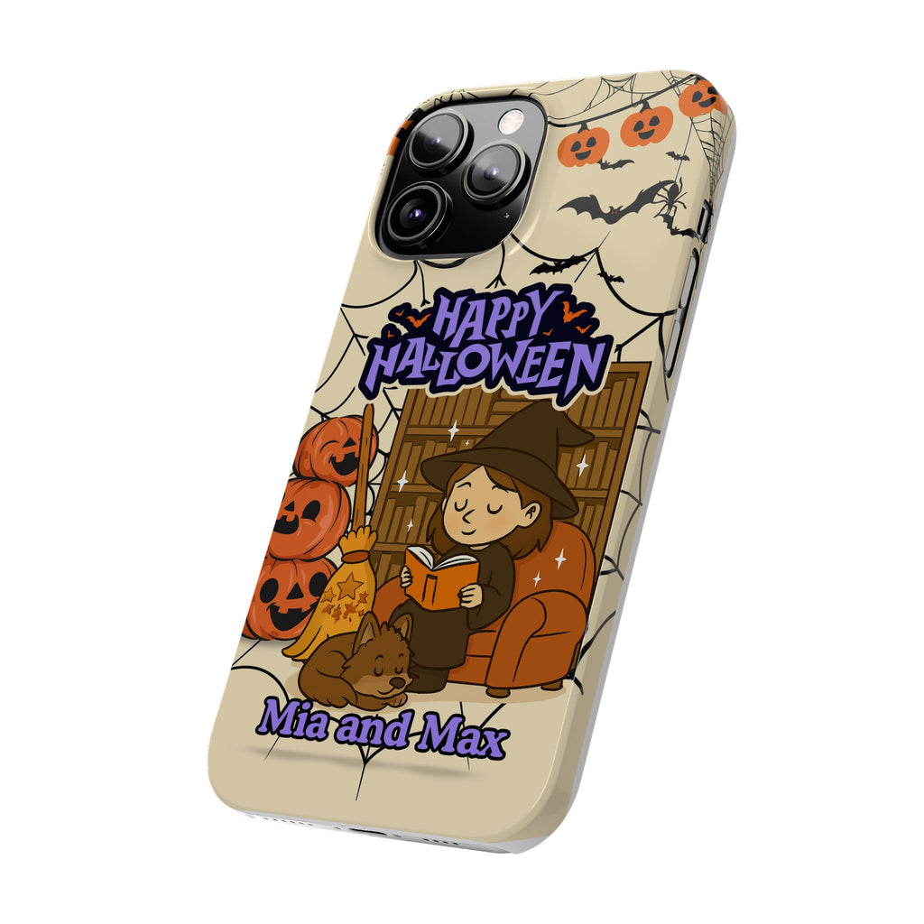 iPhone Case - Halloween Witch Reader with Pet, Personalized Fall Phone Cover, Book Lover Gift, Customizable Spooky Slim Case, Autumn Witchy