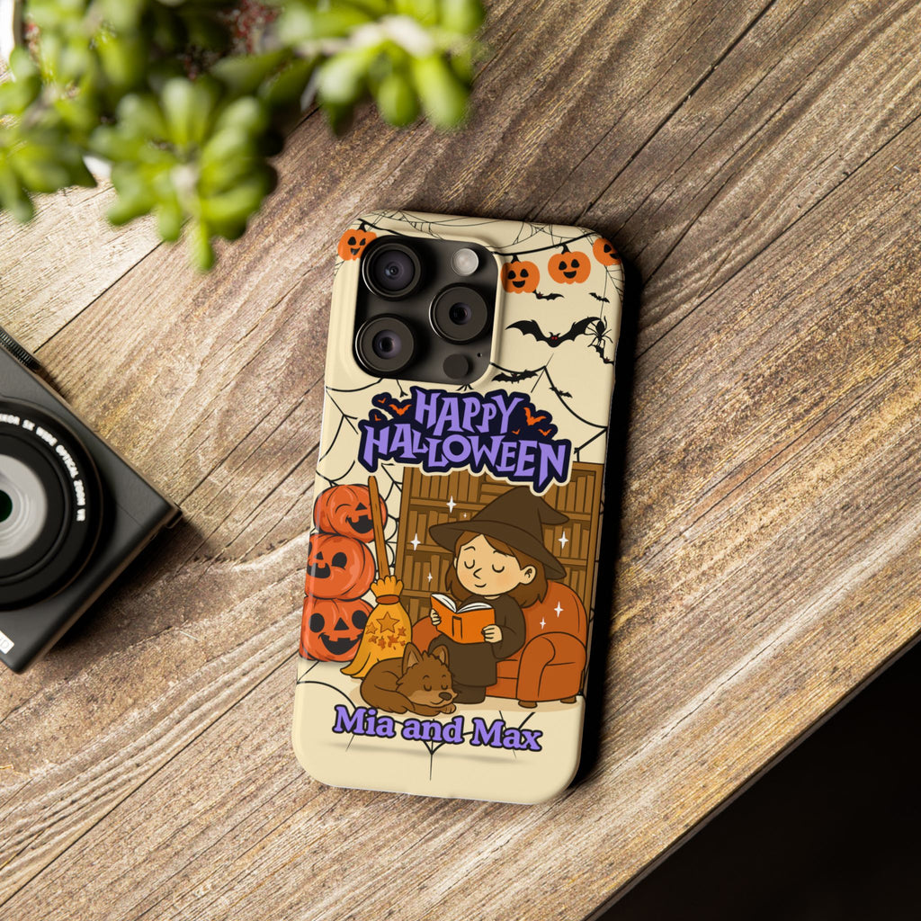 iPhone Case - Halloween Witch Reader with Pet, Personalized Fall Phone Cover, Book Lover Gift, Customizable Spooky Slim Case, Autumn Witchy