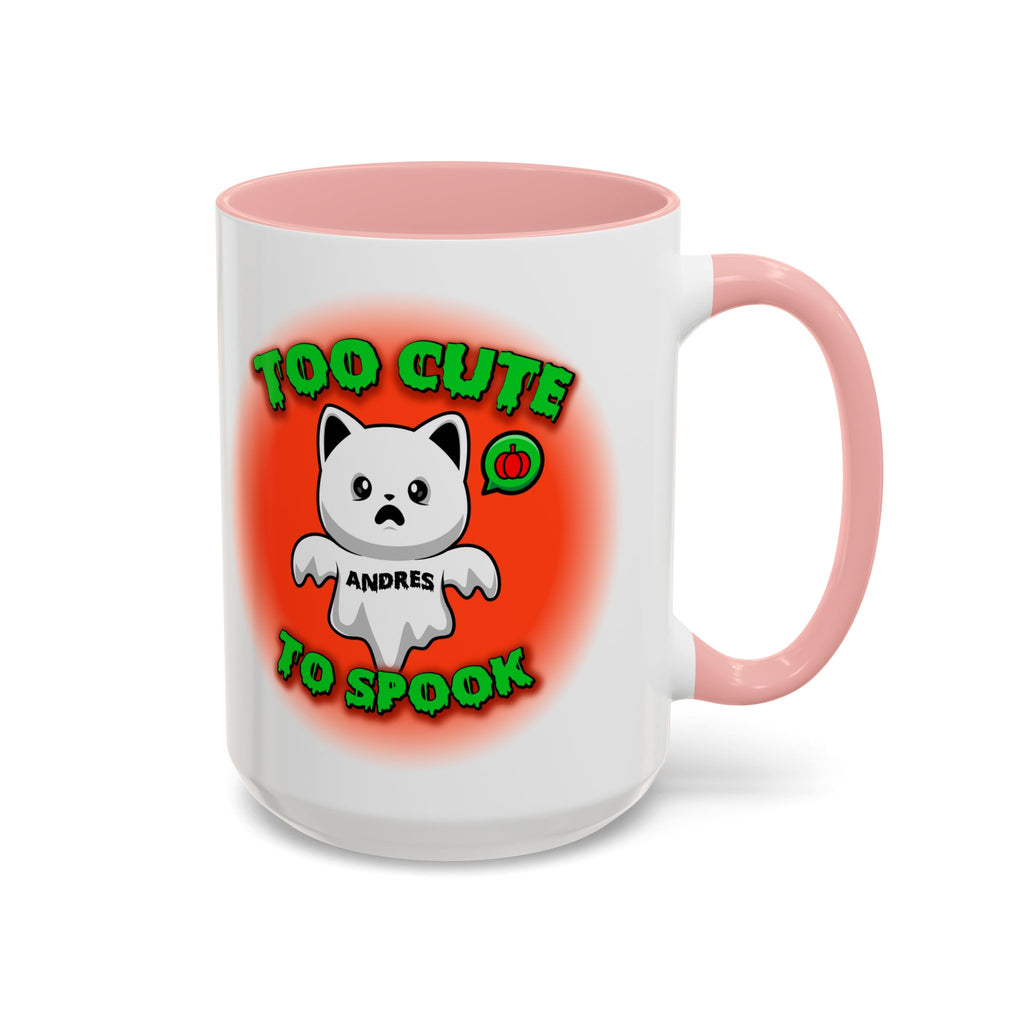Halloween Accent Mug, Cute Ghost Cat, Too Cute To Spook, Custom Name Gift, Cat Lover Mug, Spooky Season Cup, Orange and White, Pink Handle,