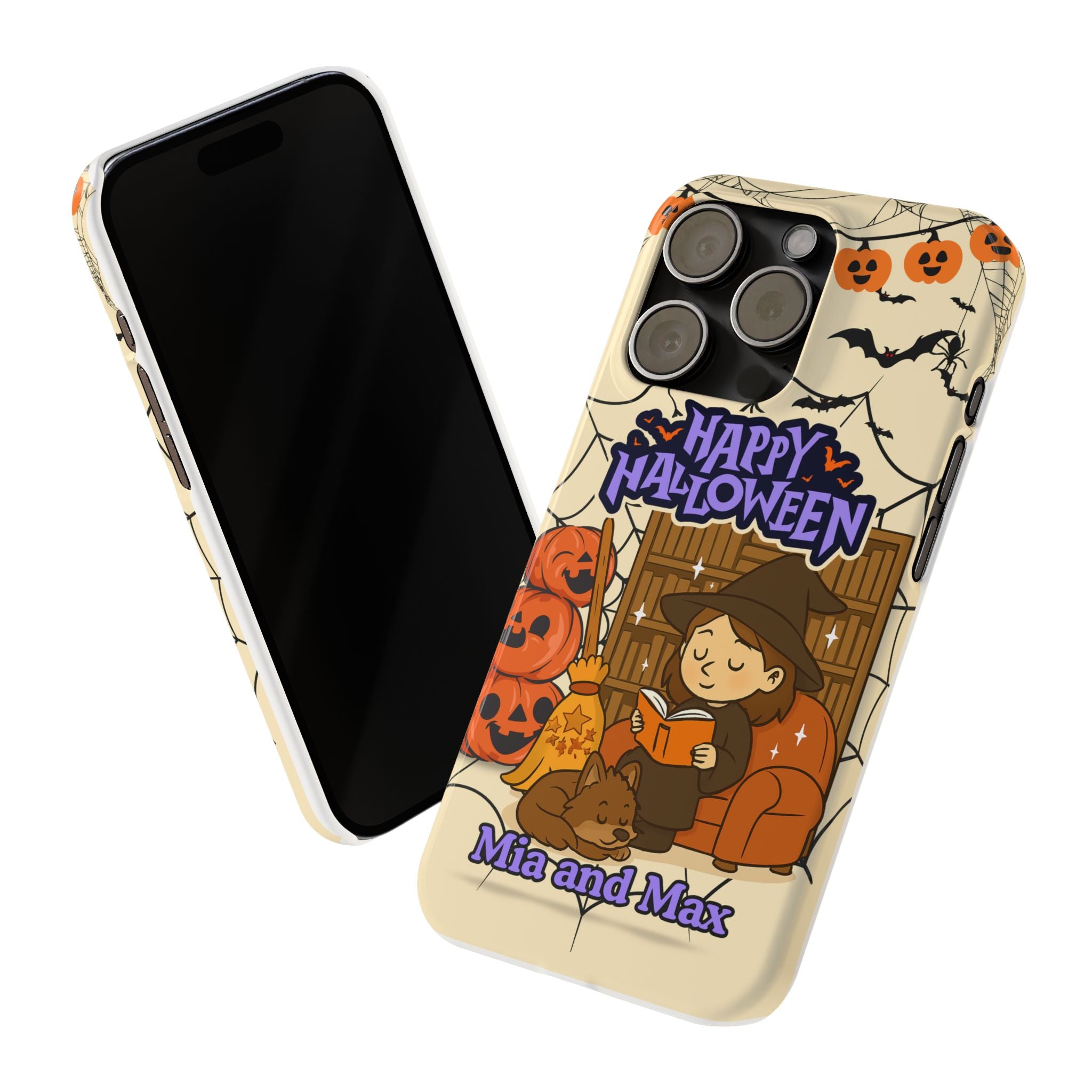 iPhone Case - Halloween Witch Reader with Pet, Personalized Fall Phone Cover, Book Lover Gift, Customizable Spooky Slim Case, Autumn Witchy