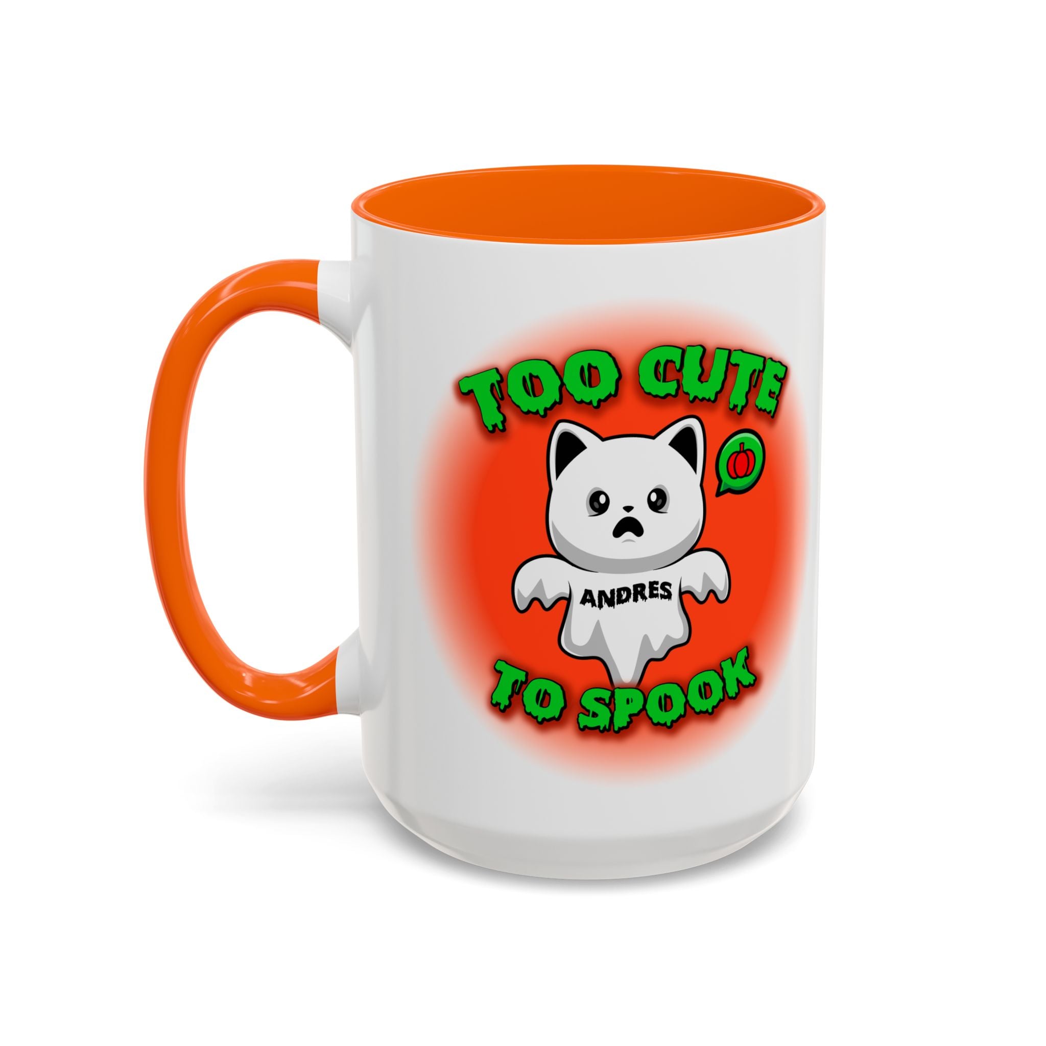 Halloween Accent Mug, Cute Ghost Cat, Too Cute To Spook, Custom Name Gift, Cat Lover Mug, Spooky Season Cup, Orange and White, Pink Handle,
