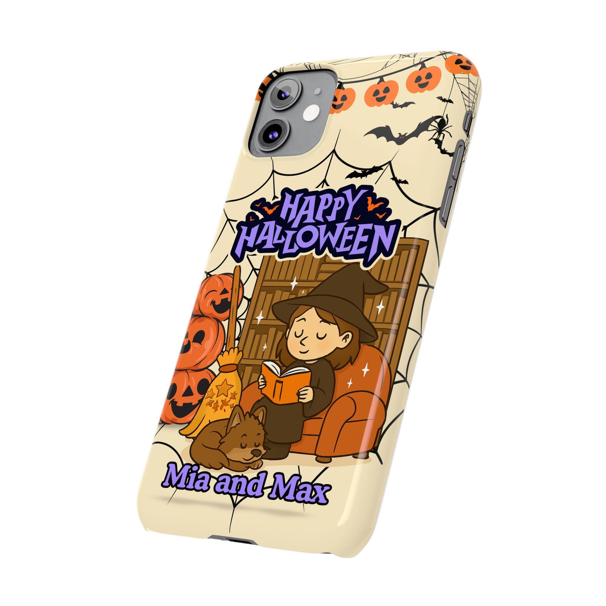 iPhone Case - Halloween Witch Reader with Pet, Personalized Fall Phone Cover, Book Lover Gift, Customizable Spooky Slim Case, Autumn Witchy