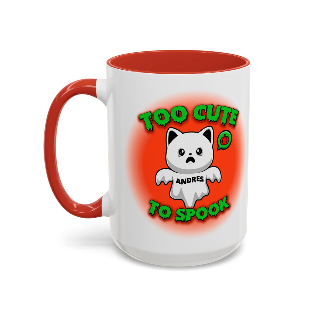 Halloween Accent Mug, Cute Ghost Cat, Too Cute To Spook, Custom Name Gift, Cat Lover Mug, Spooky Season Cup, Orange and White, Pink Handle,