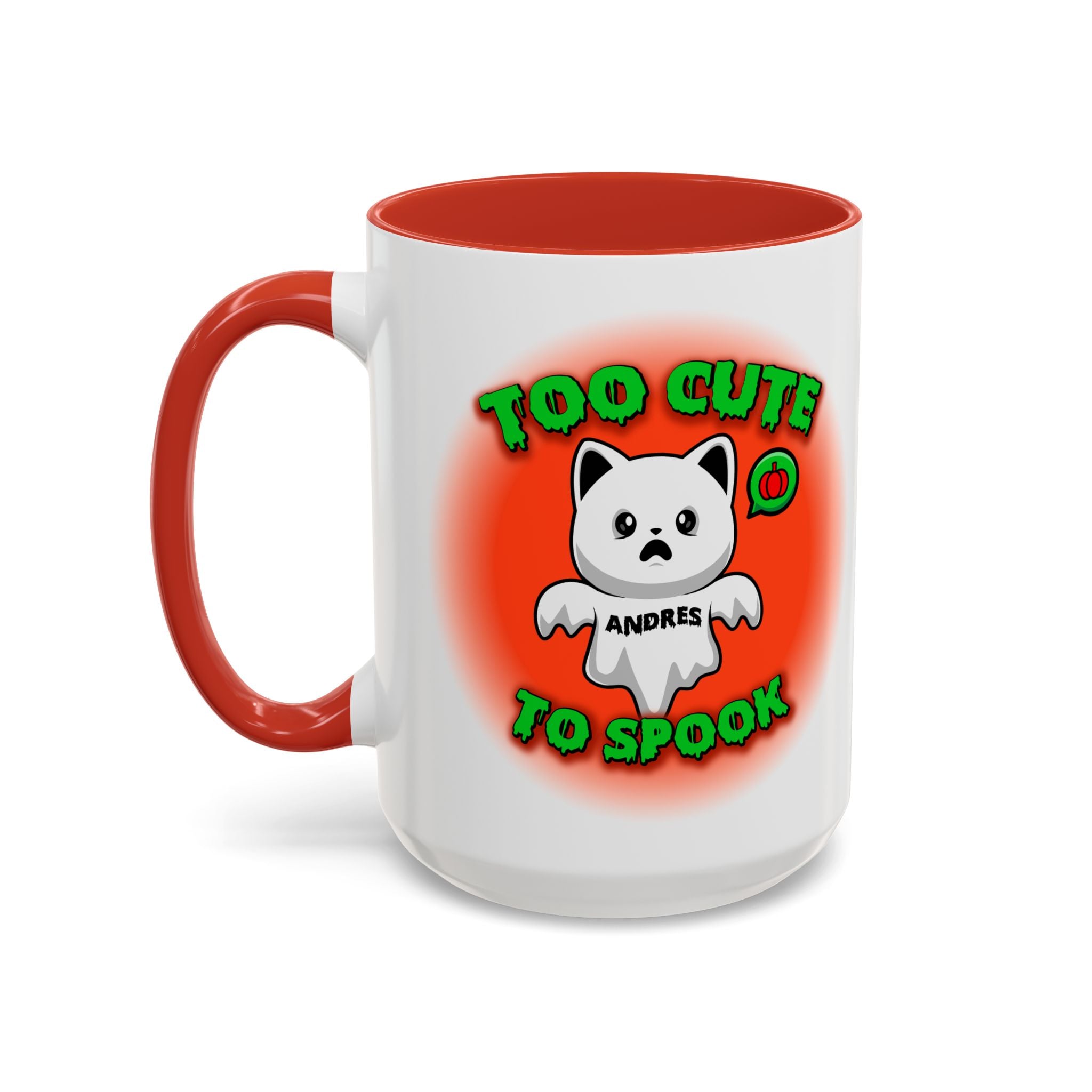Halloween Accent Mug, Cute Ghost Cat, Too Cute To Spook, Custom Name Gift, Cat Lover Mug, Spooky Season Cup, Orange and White, Pink Handle,